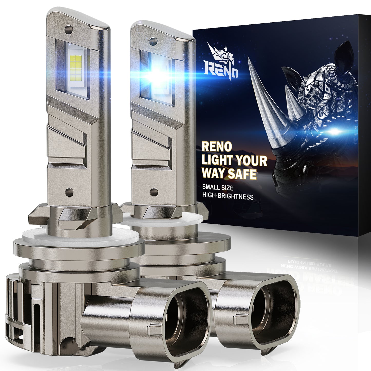 RENO LED Headlight Bulbs, 22000LM 6500K 100W/Pair Fog Lights Built-in Cooling Fan In Line Plug and Play Light Bulb, Pack of 2