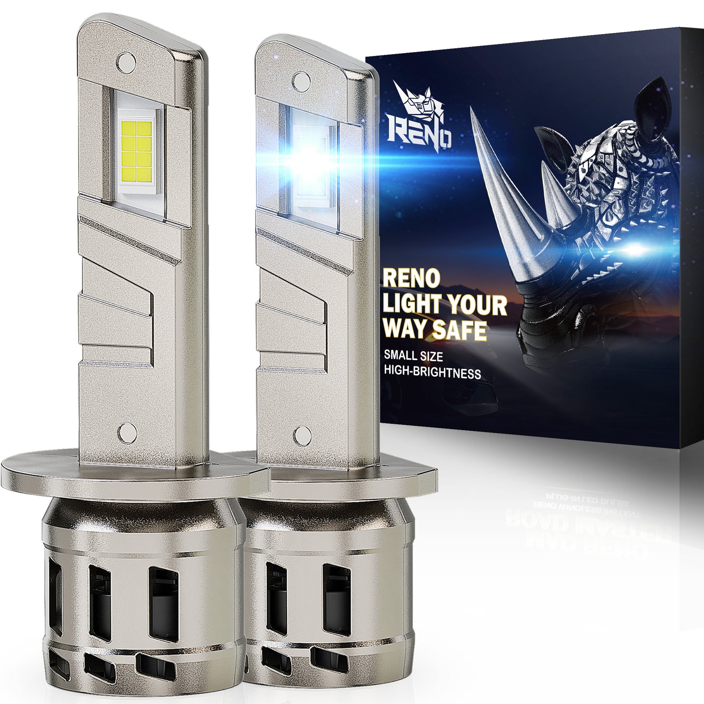 RENO LED Headlight Bulbs, 22000LM 6500K 100W/Pair Fog Lights Built-in Cooling Fan In Line Plug and Play Light Bulb, Pack of 2