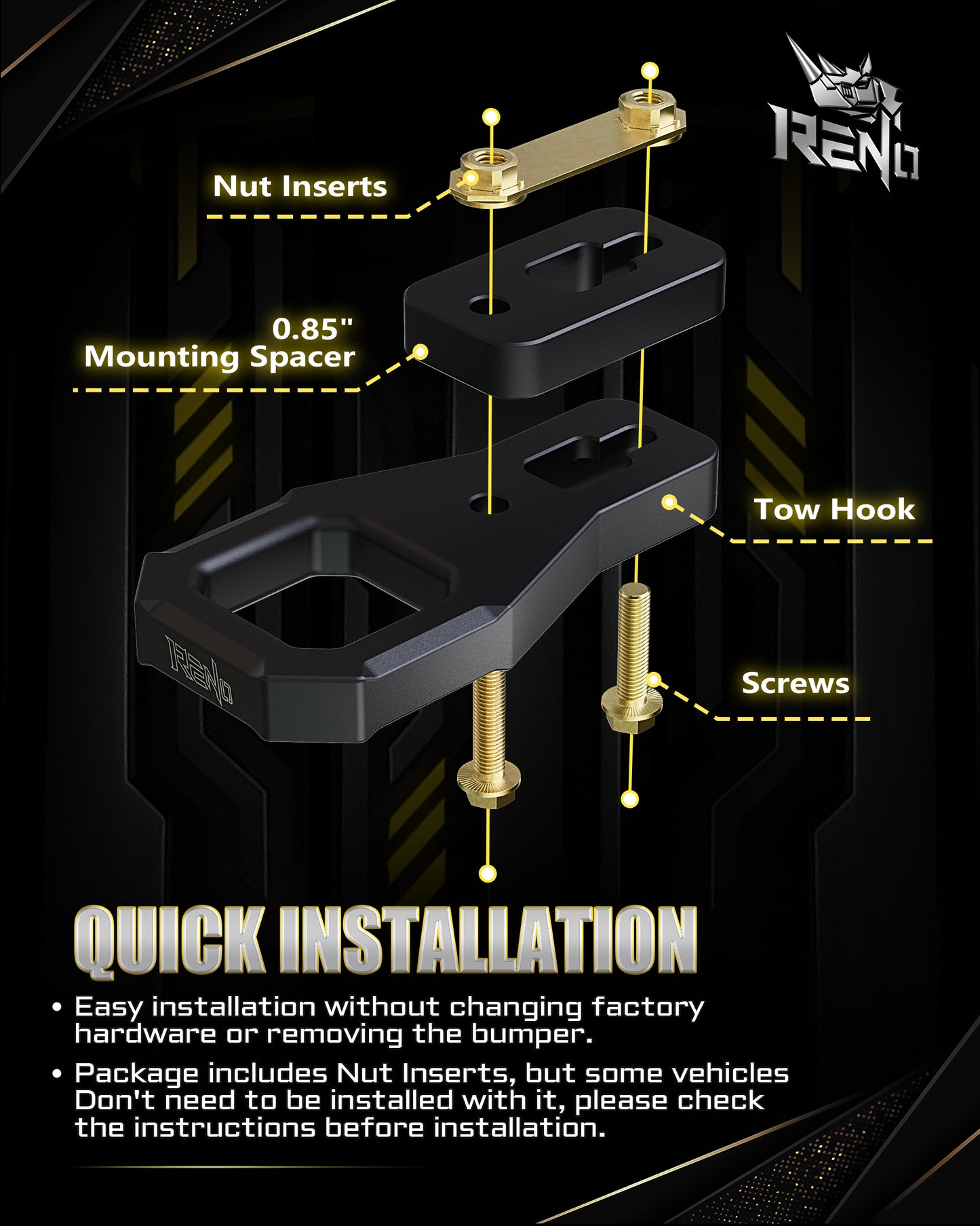 RENO Front D-Ring Tow Hooks, Fits Ford F150 / Raptor 2WD/4WD, Replaces OEM 4L3Z17A954AA / 6L3Z17A954AA (2PCS)