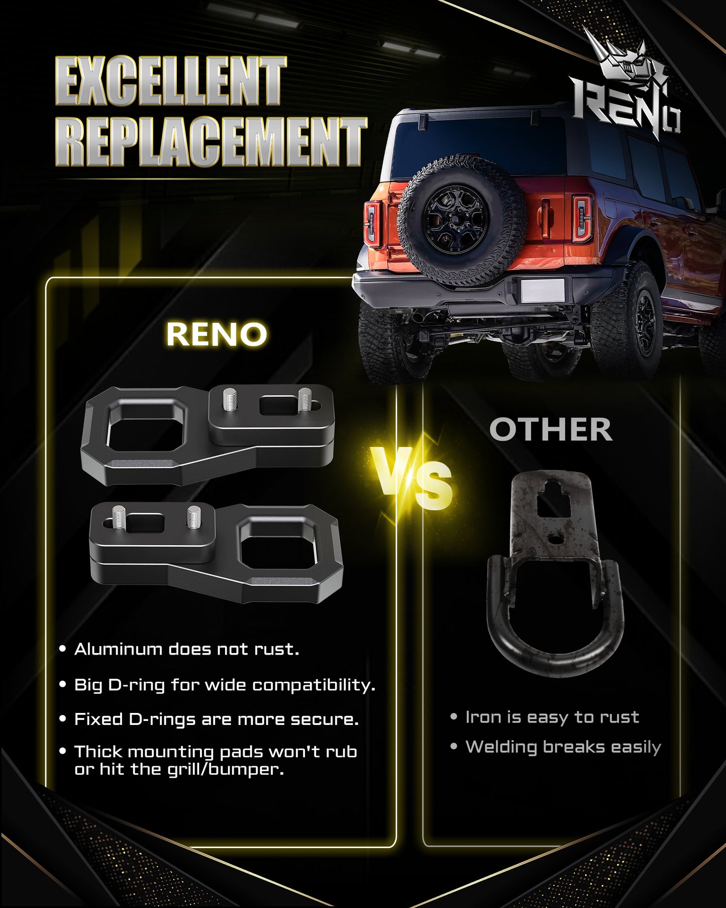RENO Bronco Rear Tow Hooks, Big D-Ring Hook Fits 2021-2024 Ford Bronco, Replace OEM M-18954-BTHR (Aluminum, Set of 2)