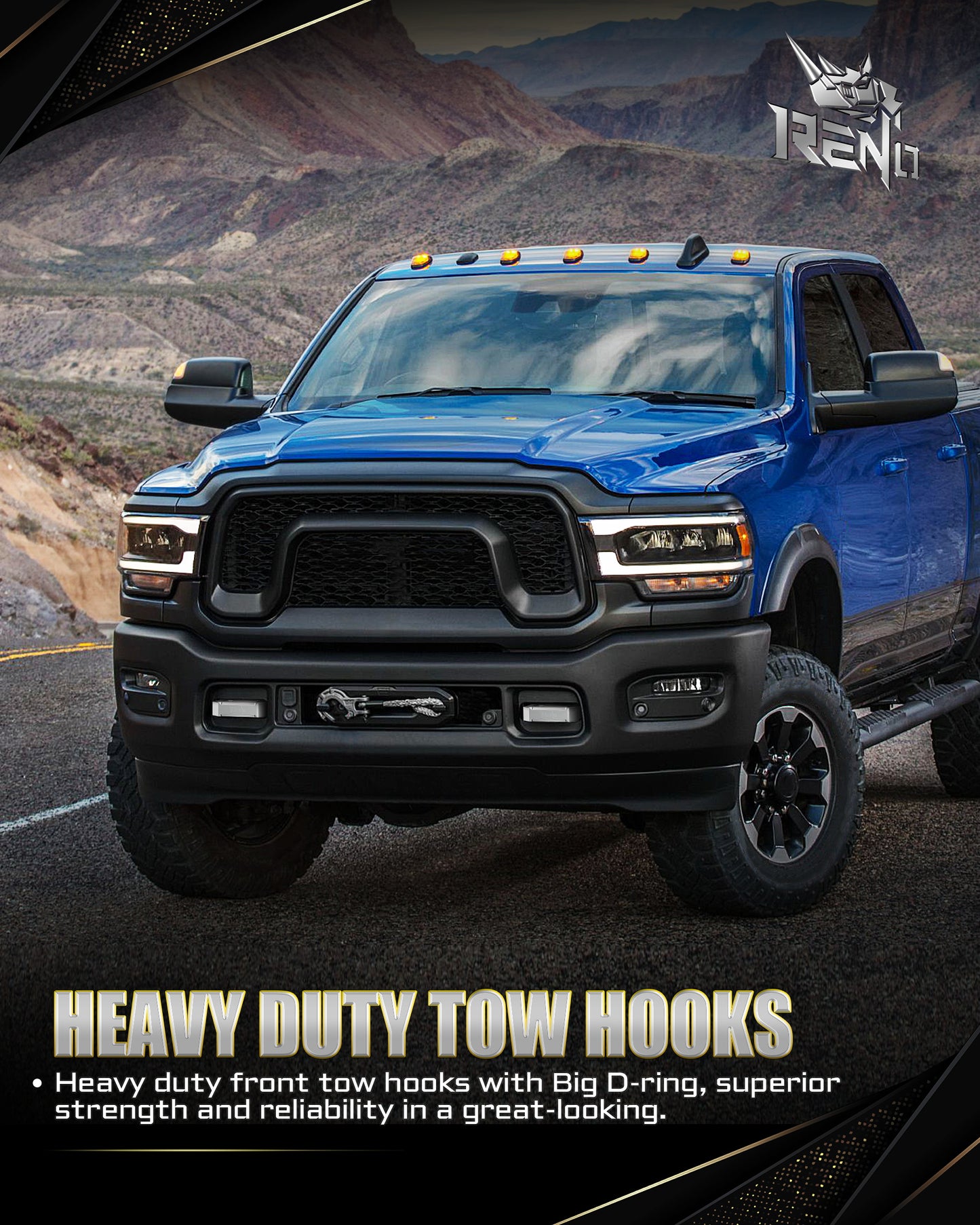 RENO Ram 2500/3500 Front Tow Hooks, Heavy Duty D-Ring Shackle Fits 2019-2026 Ram 2500/3500 Truck Recovery (Aluminum, Set of 2)