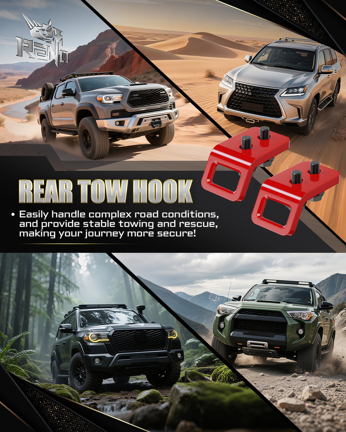 RENO Front Tow Hooks, Recovery Hook Compatible with 2024-2026 Tacoma/Land Cruiser / 4 Runner / GX550, Replace OEM 51960-A1010/PT974-35250 (304 Stainless Steel, Red, Pack of 2)