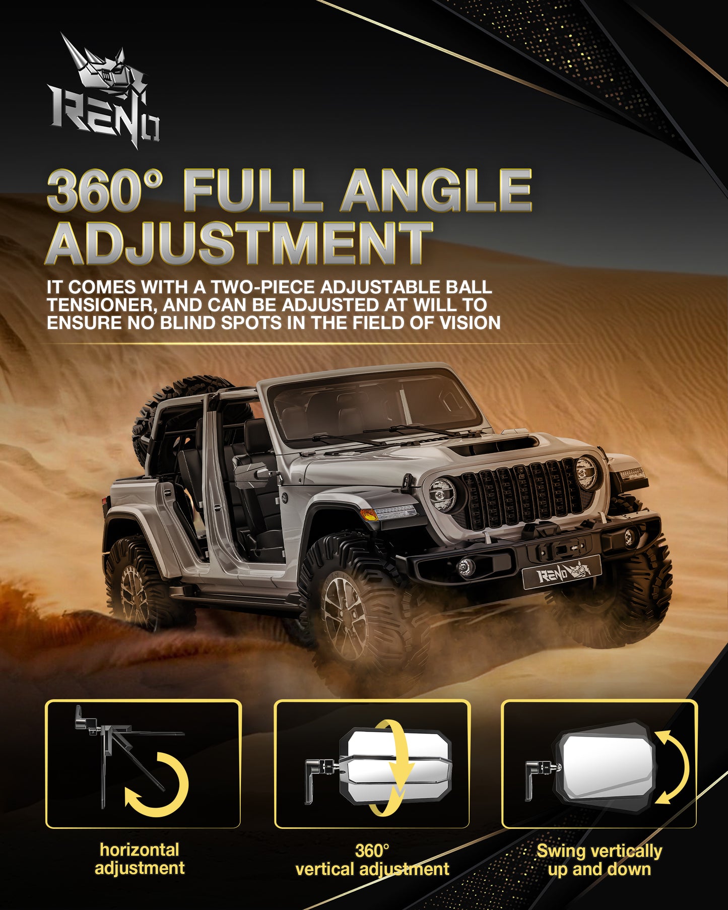 RENO Jeep Wrangler Mirrors Doors Off, Aluminum CNC Side Mirrors