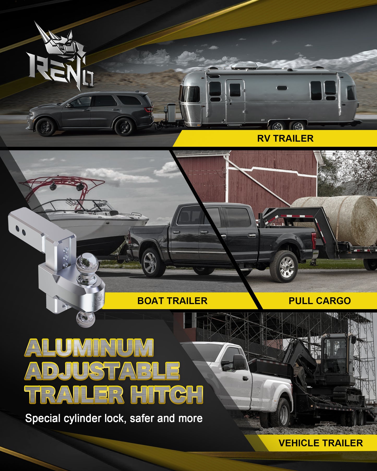 RENO 2.5" Receiver Adjustable Trailer Hitch, Dual-Balls (2" & 2-5/16") Aluminum Tow Hitch