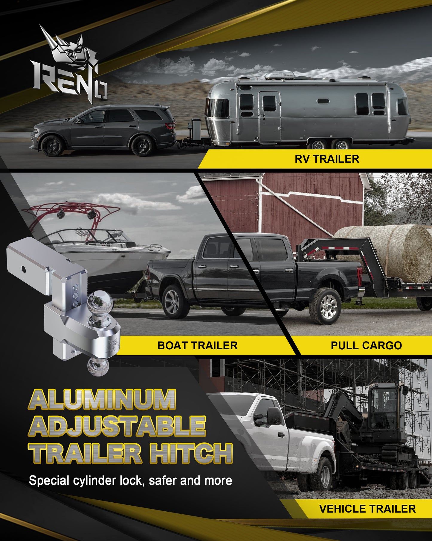 RENO 3" Receiver Adjustable Trailer Hitch, Dual-Balls (2" & 2-5/16") Aluminum Tow Hitch