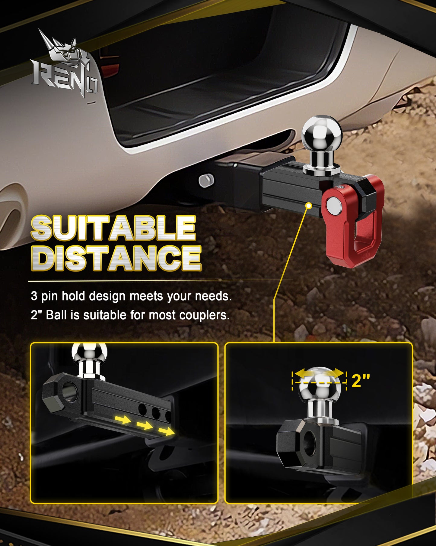 RENO Trailer Hitch, Aluminum Tow Hitch Compatible with 2 inch Receiver Hitch with 2" Ball Mount Fits 3/4" D-Ring Shackle or Soft Shackle - 6,000 LBS GTW (1 Pack)