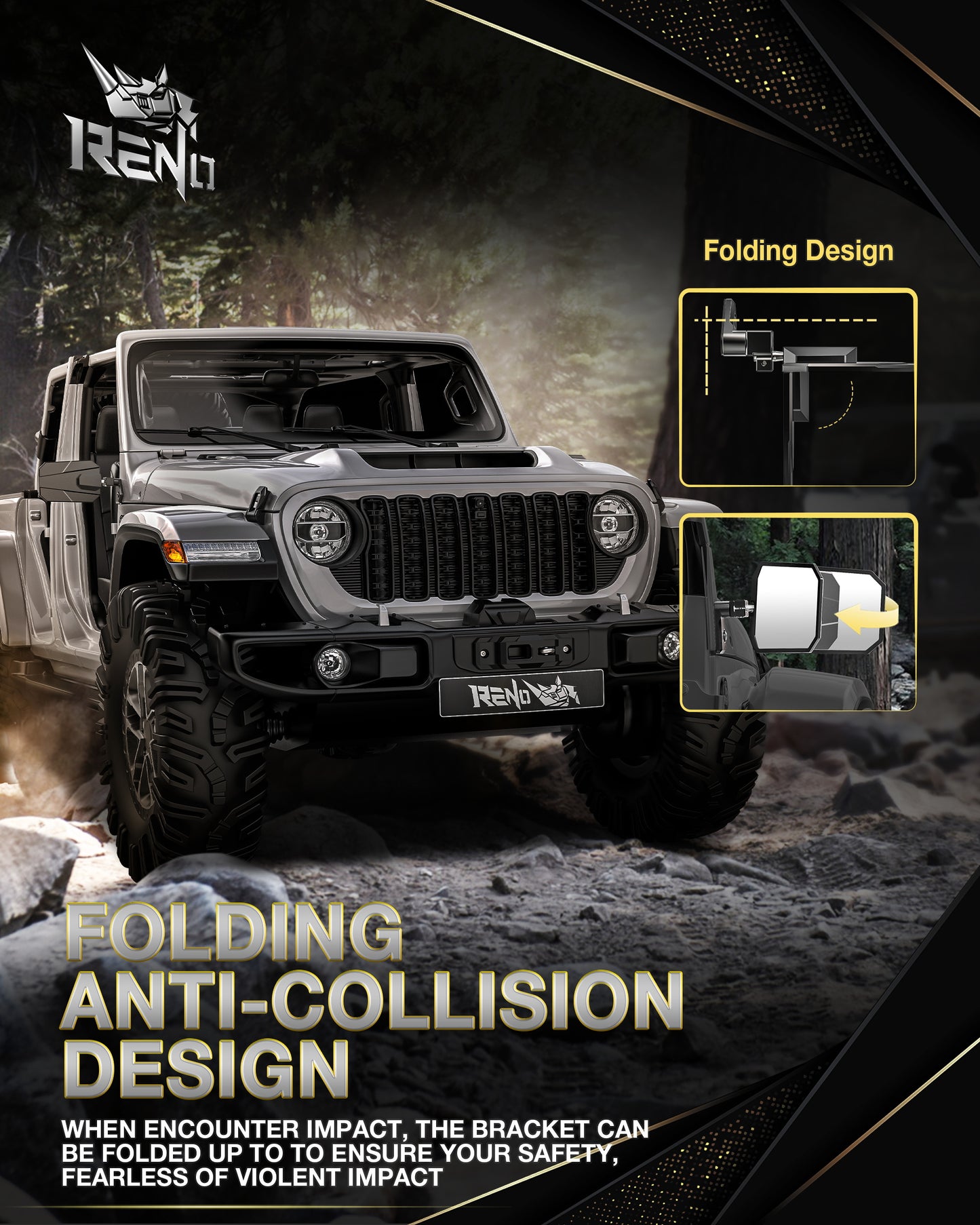 RENO Jeep Wrangler Mirrors Doors Off, Aluminum CNC Side Mirrors