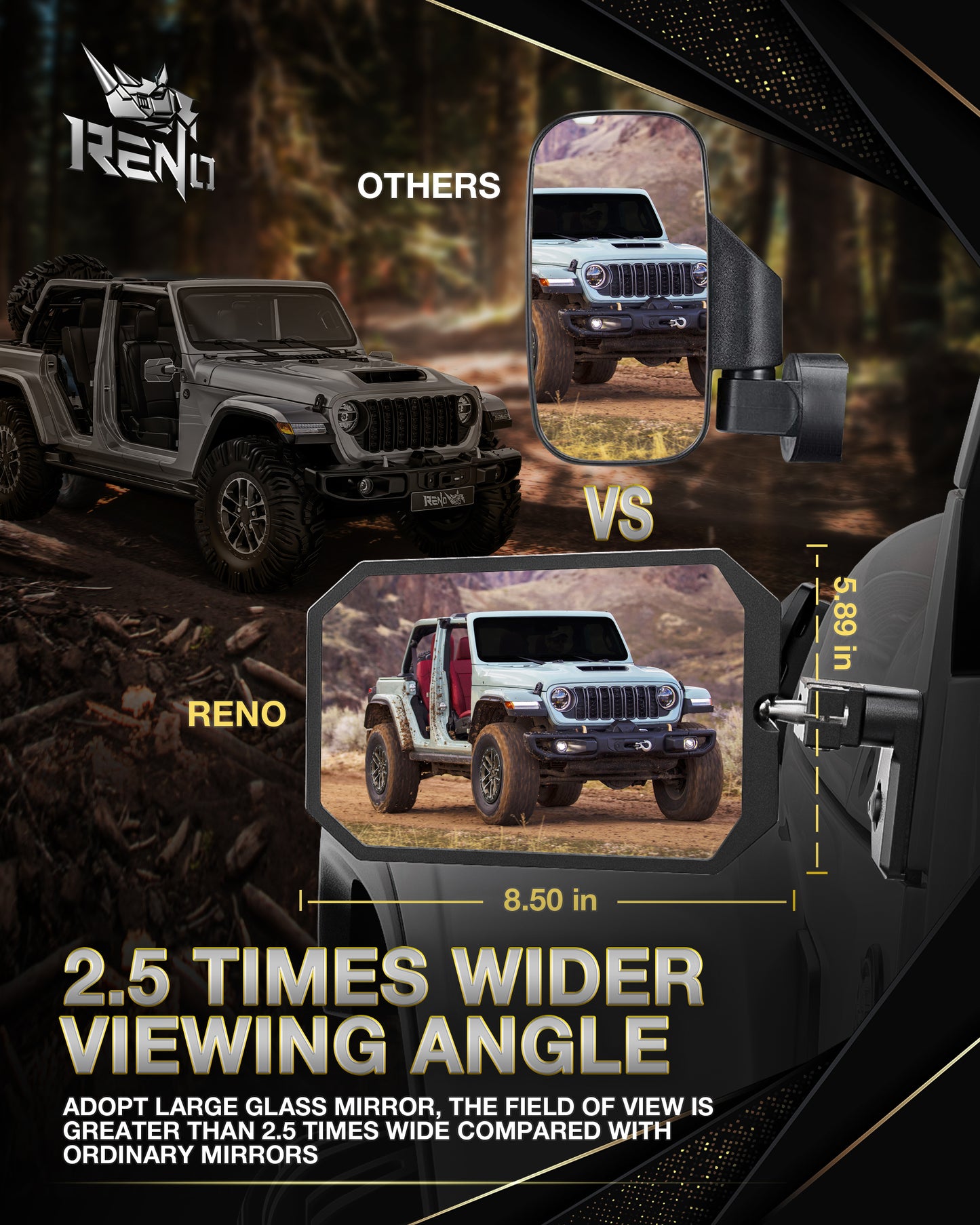 RENO Jeep Wrangler Mirrors Doors Off, Aluminum CNC Side Mirrors