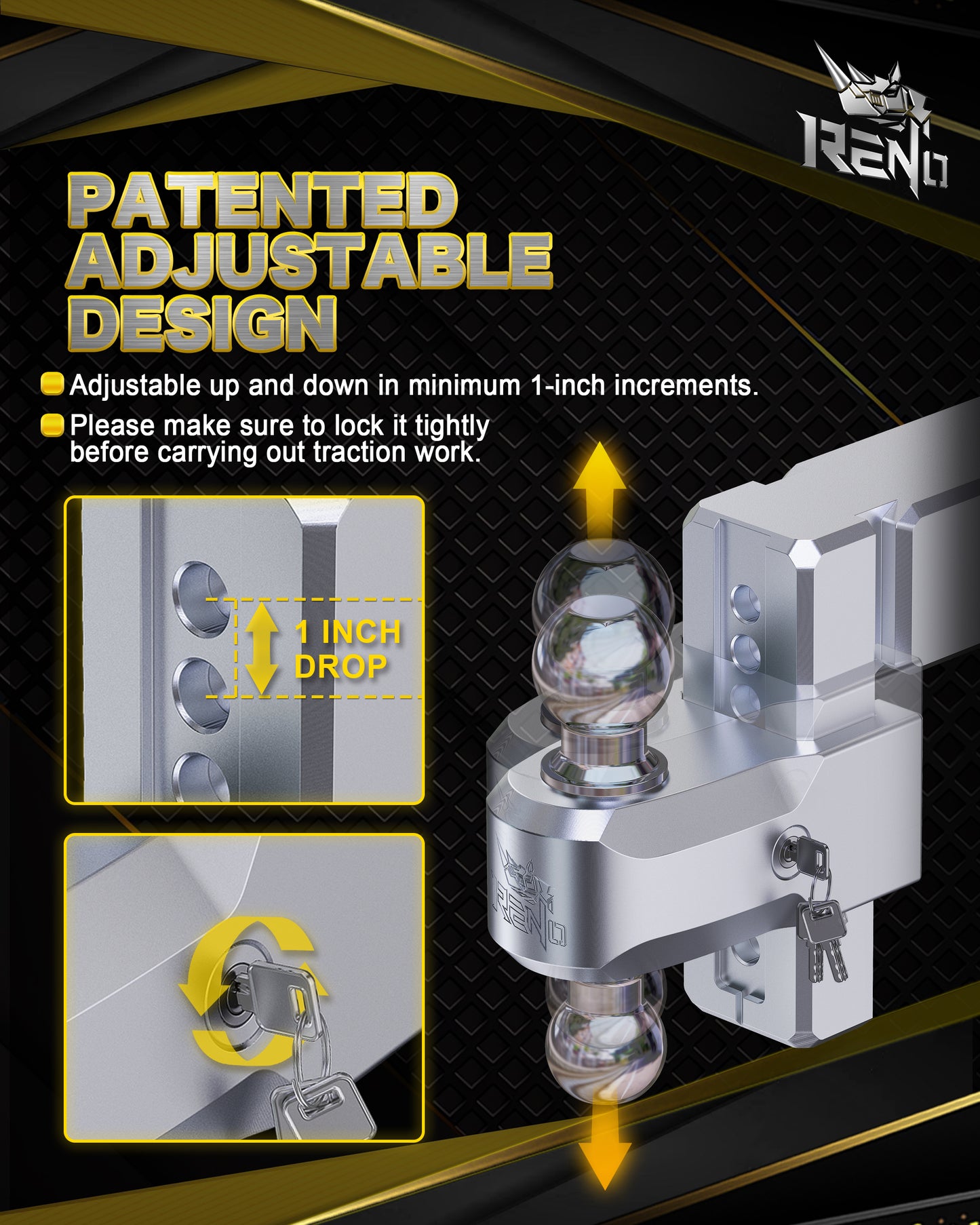 RENO 3" Receiver Adjustable Trailer Hitch, Dual-Balls (2" & 2-5/16") Aluminum Tow Hitch