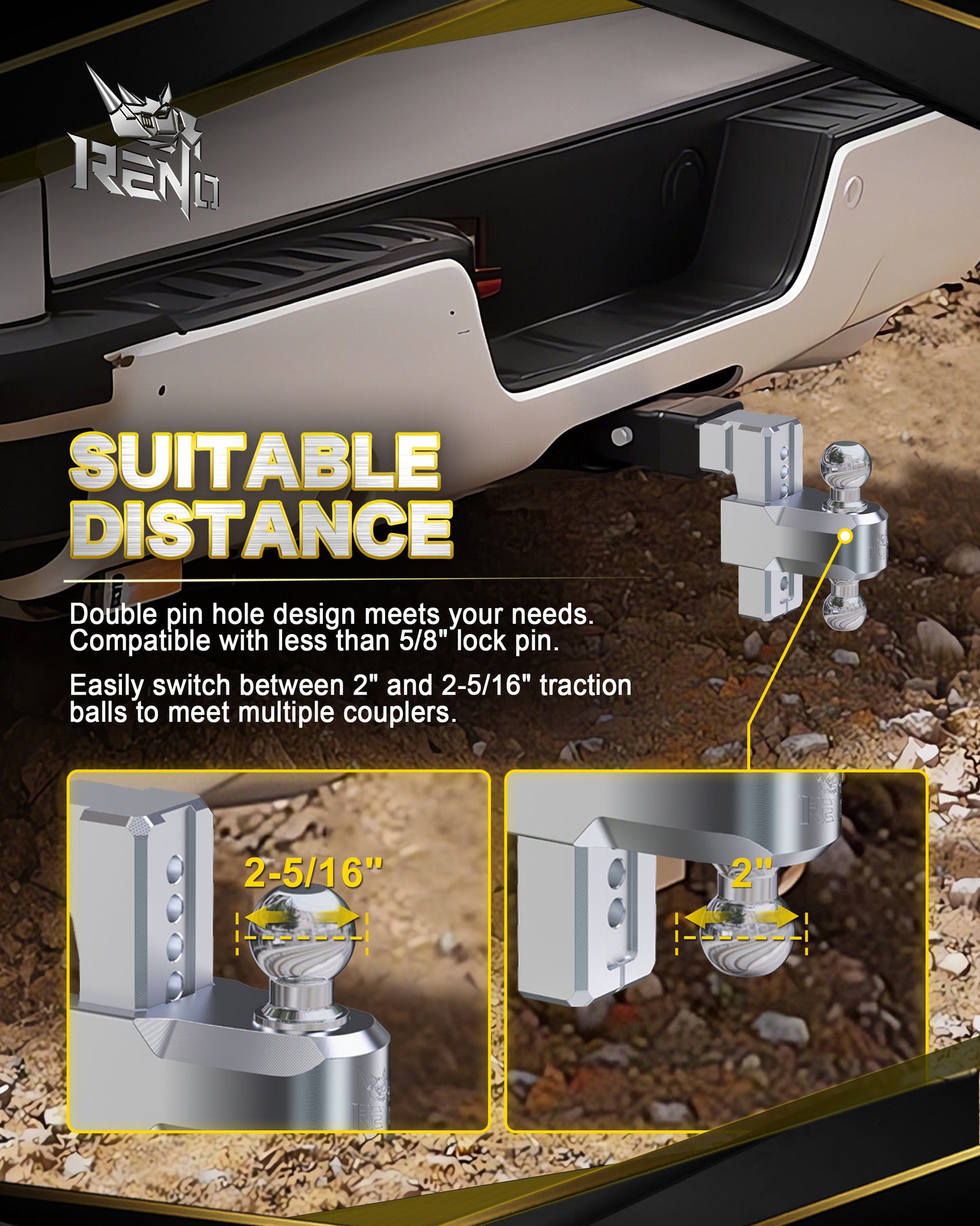RENO 3" Receiver Adjustable Trailer Hitch, Dual-Balls (2" & 2-5/16") Aluminum Tow Hitch