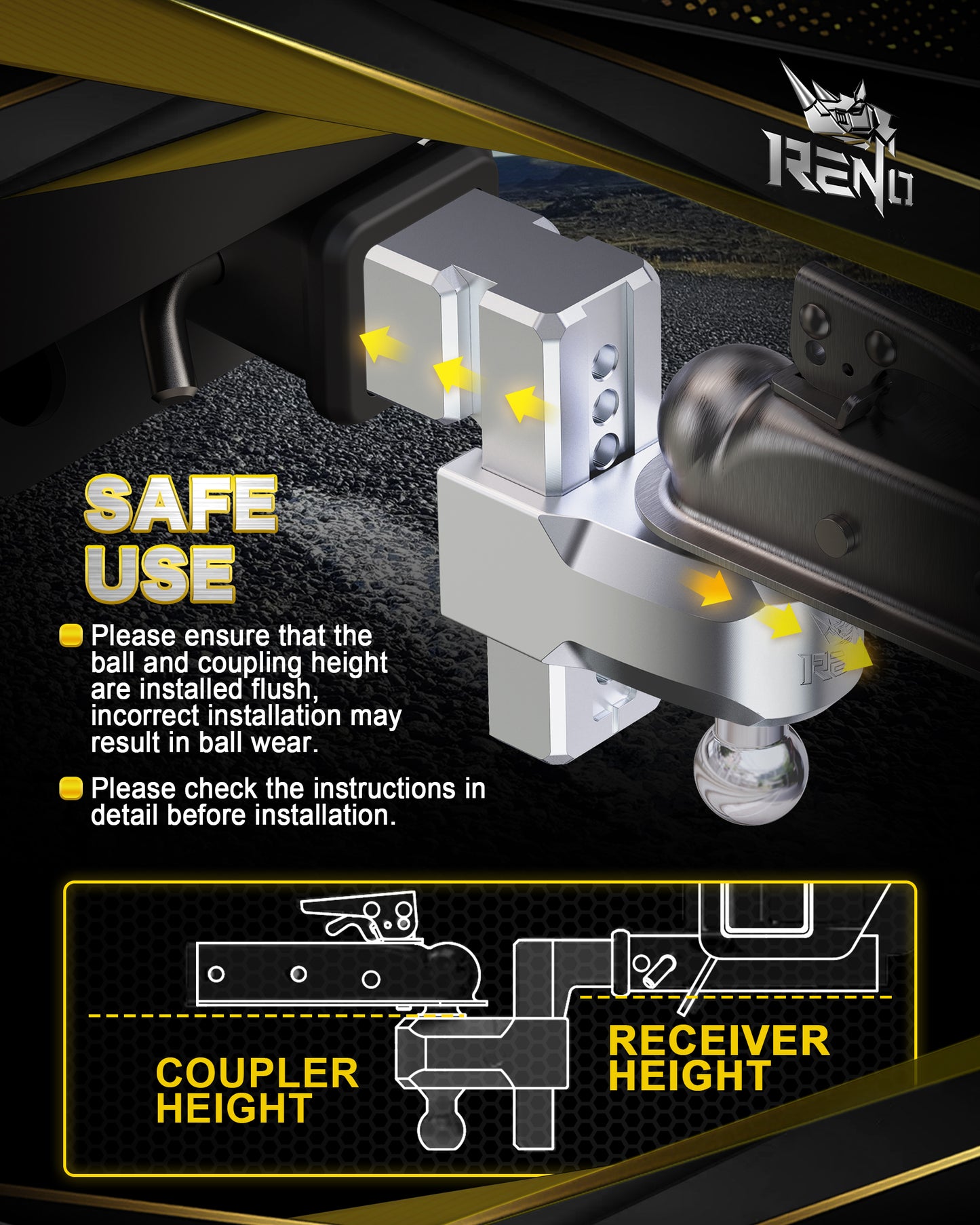 RENO 3" Receiver Adjustable Trailer Hitch, Dual-Balls (2" & 2-5/16") Aluminum Tow Hitch