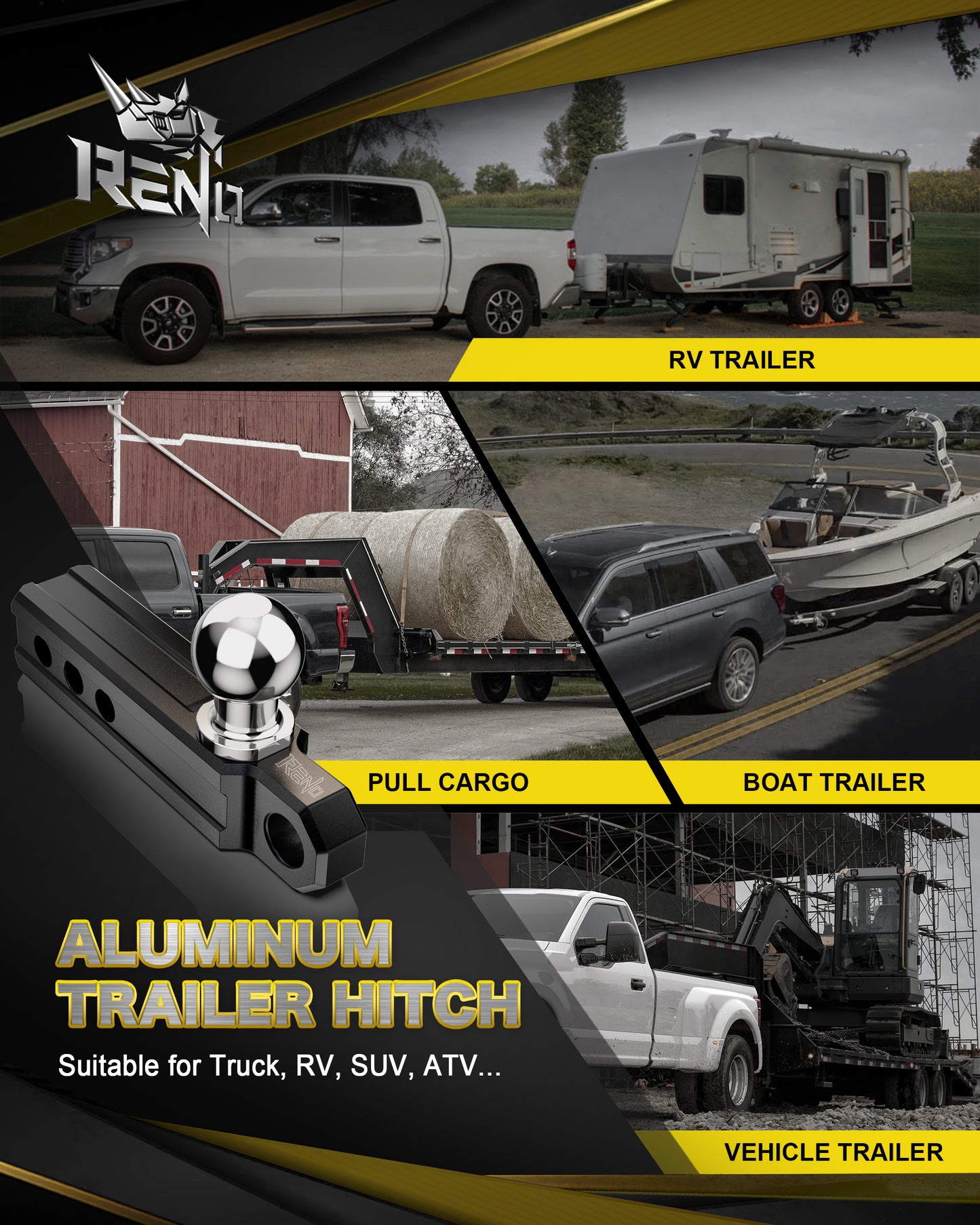 RENO Trailer Hitch, Aluminum Tow Hitch Compatible with 2 inch Receiver Hitch with 2" Ball Mount Fits 3/4" D-Ring Shackle or Soft Shackle - 6,000 LBS GTW (1 Pack)