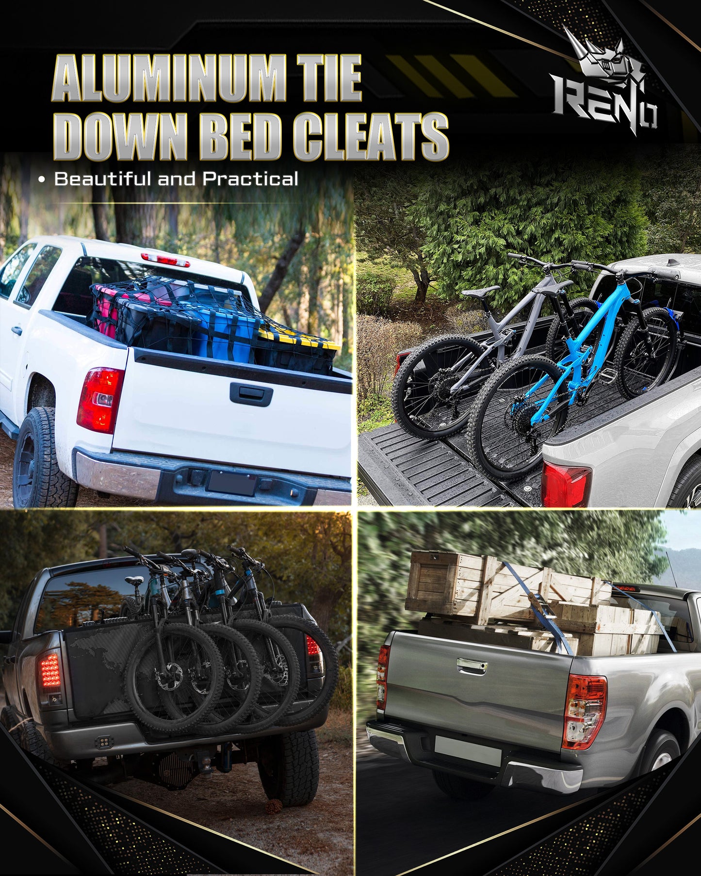 RENO Bed Rail Cleats, Truck Tie Down Anchors For Tacoma Tundra Gladiator (Black/Red/Silver, 2pcs)