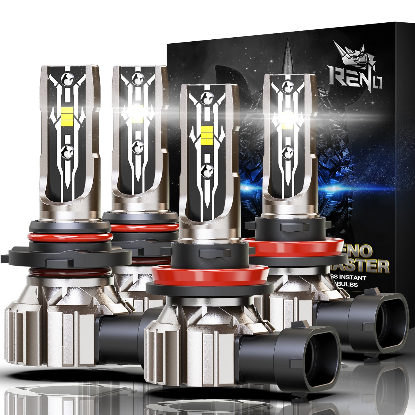 RENO 9005 H11 LED Bulb Combo, 6500K White 52000LM IP68 60W Fanless in Line 4 Pcs