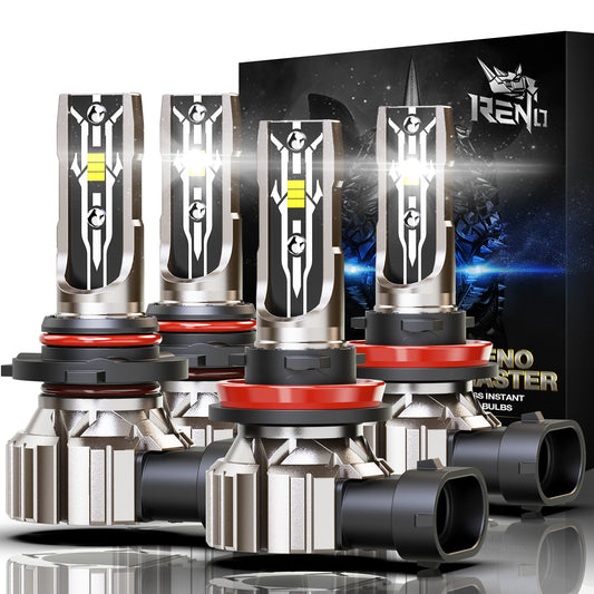 RENO 9005 H11 LED Bulb Combo, 6500K White 52000LM IP68 60W Fanless in Line 4 Pcs