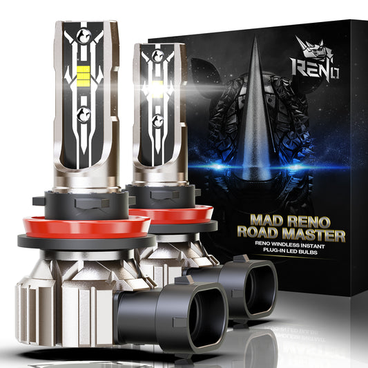 RENO H11/H9/H8 LED Bulb, 6500K White 22000LM IP68 60W Fanless in Line 2 Pcs