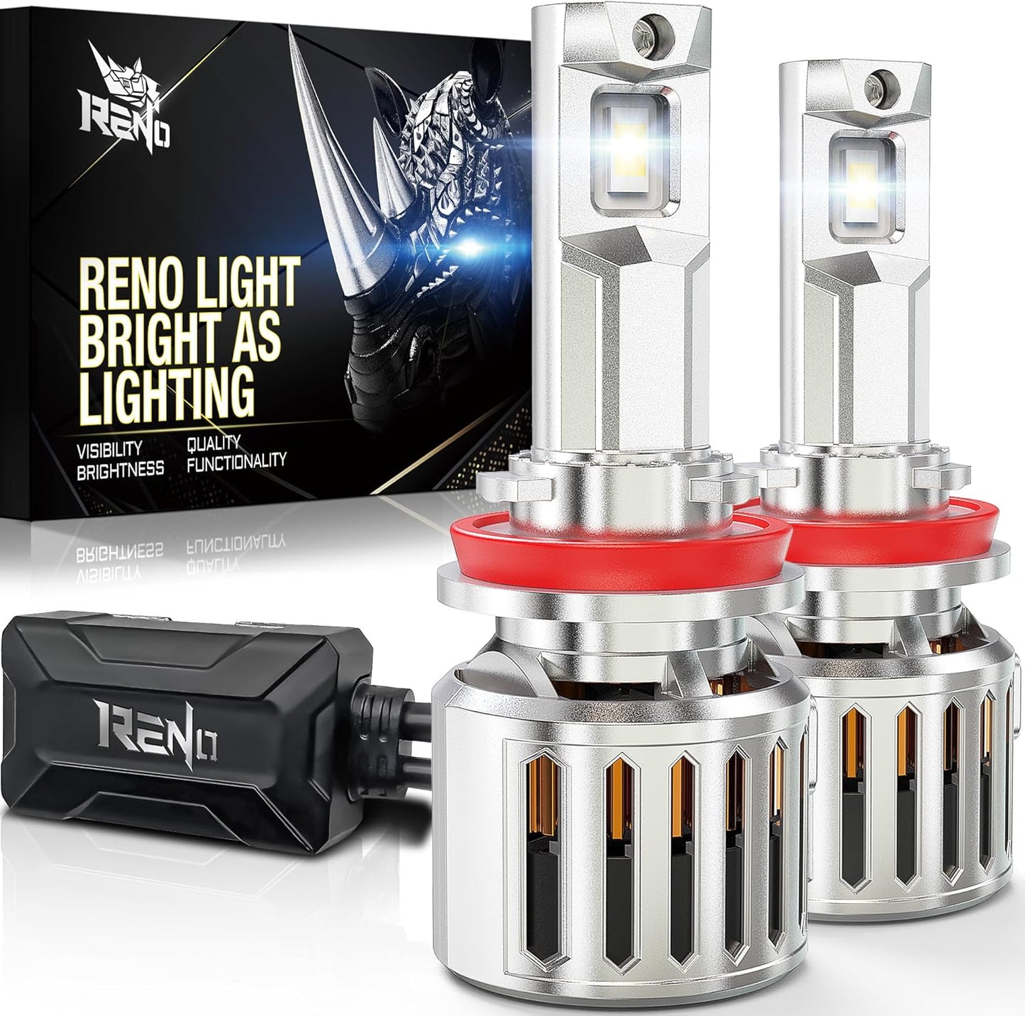 RENO H11/H9/H8 LED Bulb, 1200% Brighter, 6500K Cool White 52000LM, Mini Size 2 Pcs
