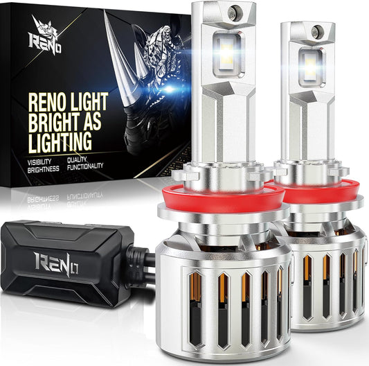 RENO H11/H9/H8 LED Bulb, 1200% Brighter, 6500K Cool White 52000LM, Mini Size 2 Pcs