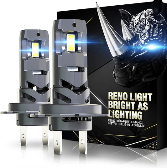 RENO H7 LED Headlight Bulbs, No Adapter Required 600% Brighter Ultra-Bright 6500K White with Fan, 1:1 Mini Size