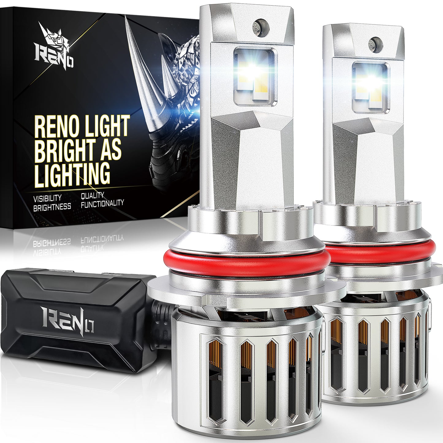 RENO 9007 LED Bulb, 1200% Brighter, 6500K Cool White 58000LM, Mini Size 2 Pcs