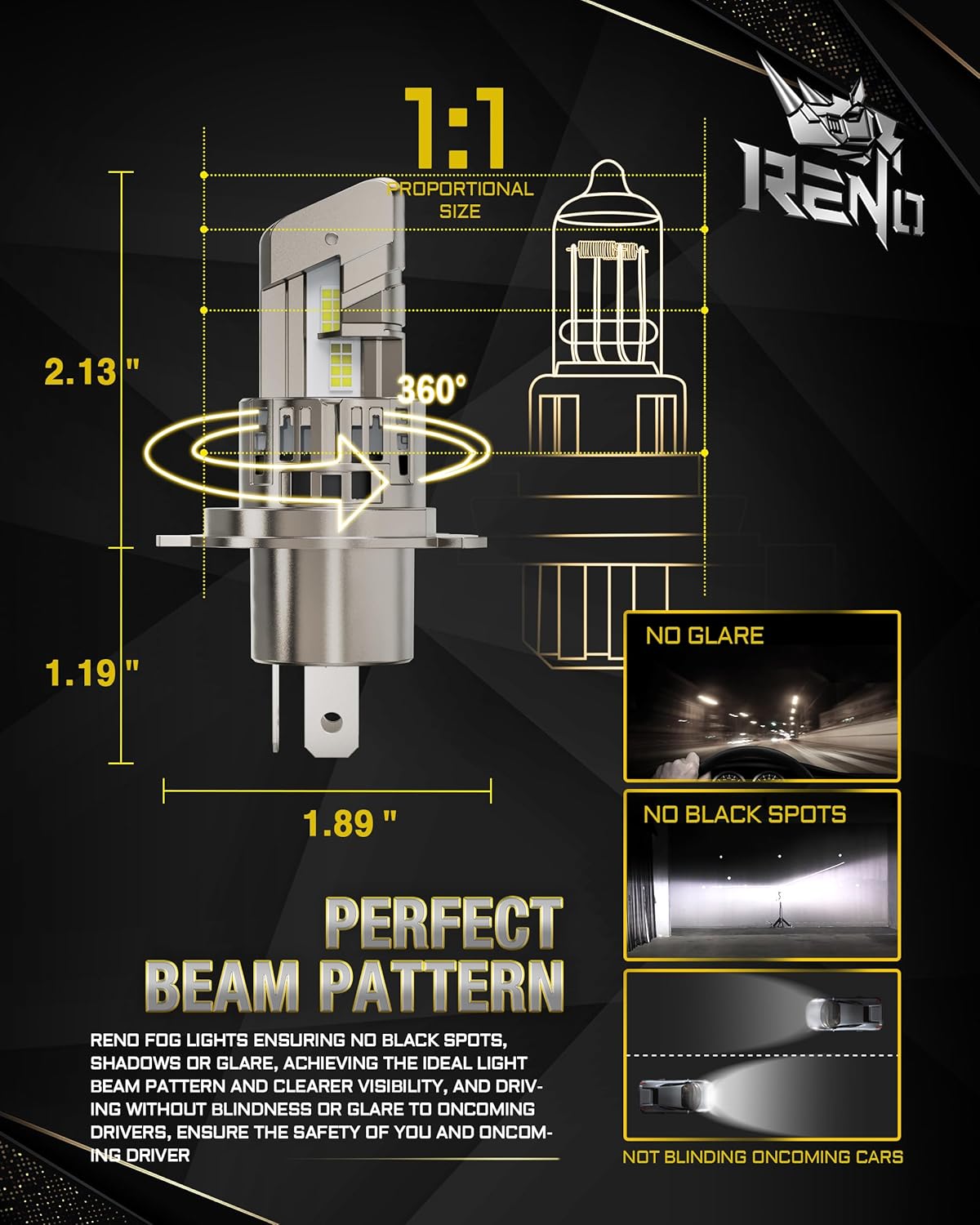 RENO H4/9003/HB2 LED Headlight Bulbs Built-in Cooling Fan 6500K White 44000LM IP68 2 Pcs