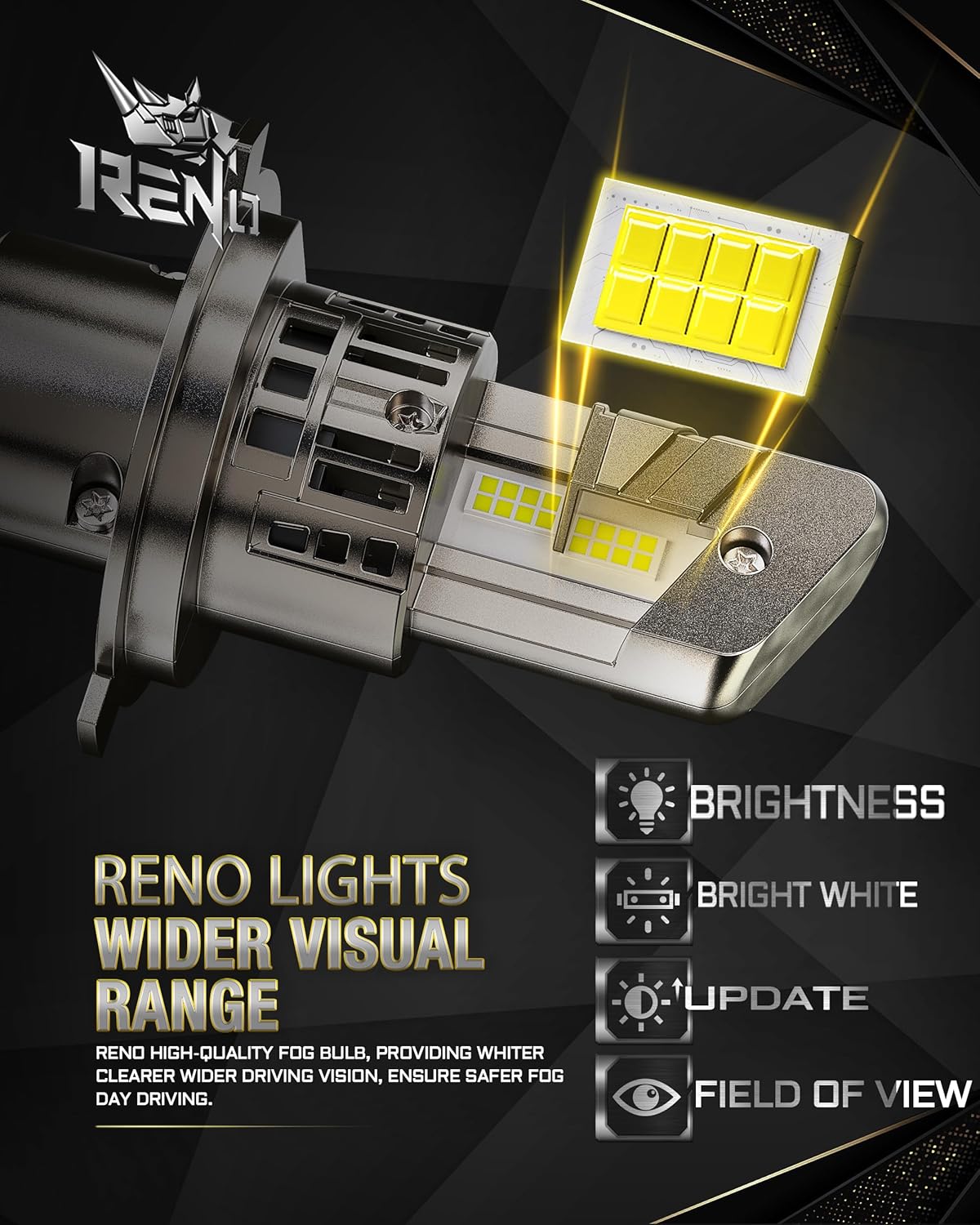 RENO H4/9003/HB2 LED Headlight Bulbs Built-in Cooling Fan 6500K White 44000LM IP68 2 Pcs