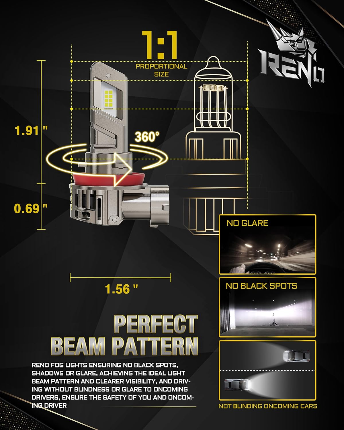 RENO 9005 H11 LED Headlight Bulbs Built-in Cooling Fan 6500K White 60000LM IP68 2 Pcs