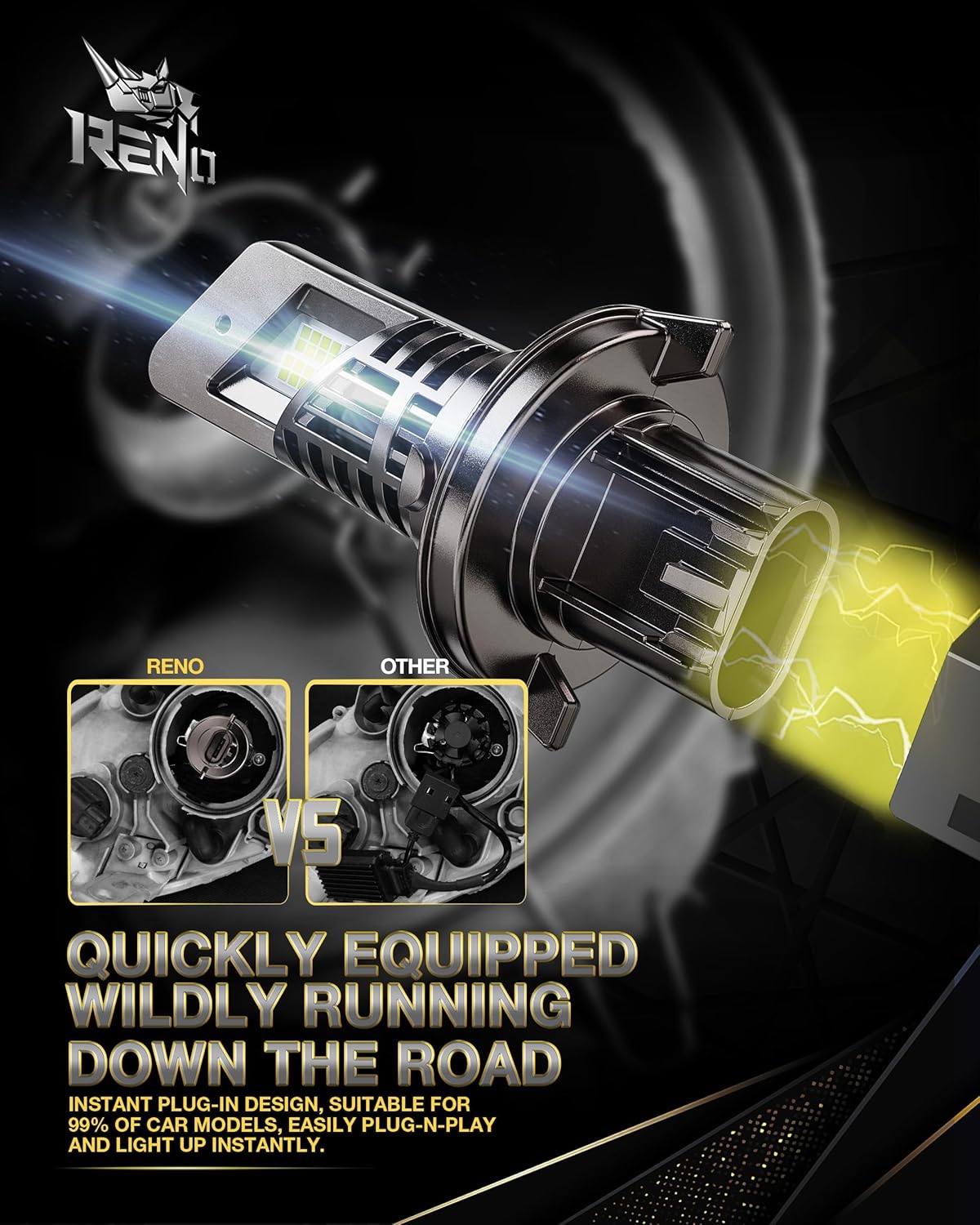 RENO 9007 LED Bulb, Cool Fan CANBUS Ready 1200% Brighter, 6500K Cool White 38000LM, Mini Size 2 Pcs