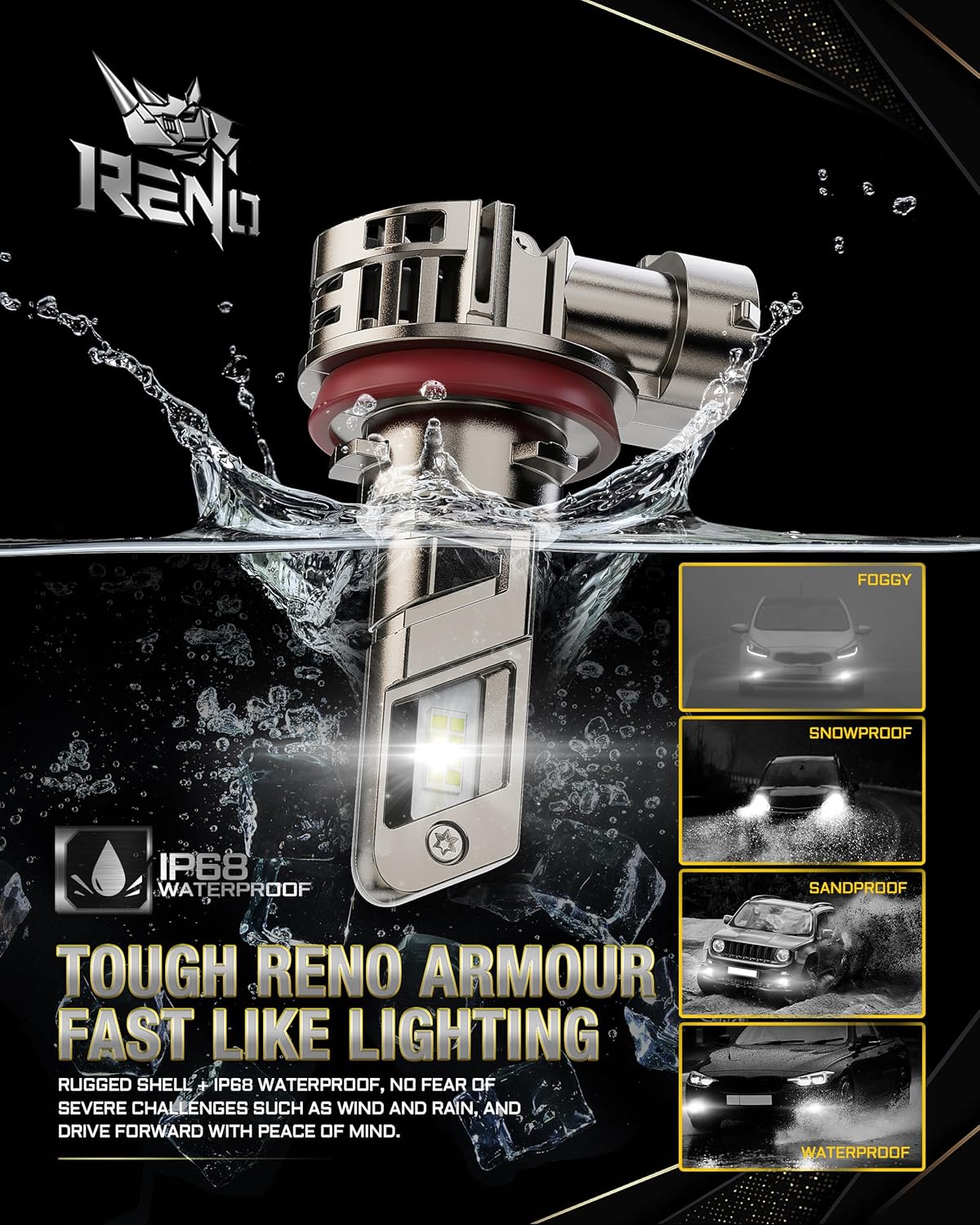 RENO 9005 H11 LED Headlight Bulbs Built-in Cooling Fan 6500K White 60000LM IP68 2 Pcs
