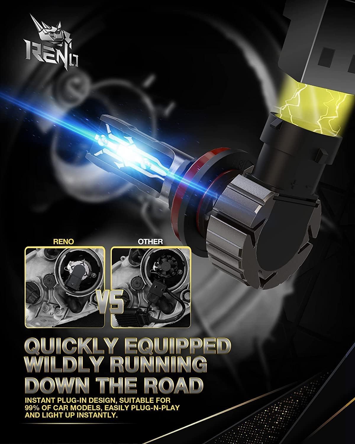 RENO H11/H9/H8 LED Bulb, 6500K White 22000LM IP68 60W Fanless in Line 2 Pcs