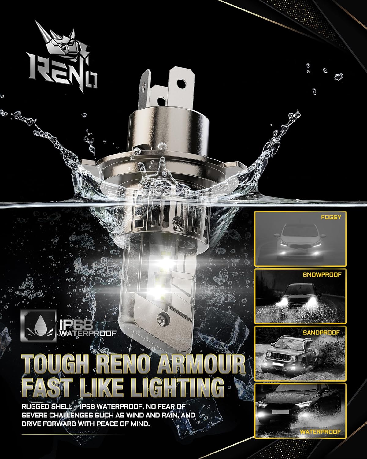 RENO H4/9003/HB2 LED Headlight Bulbs Built-in Cooling Fan 6500K White 44000LM IP68 2 Pcs