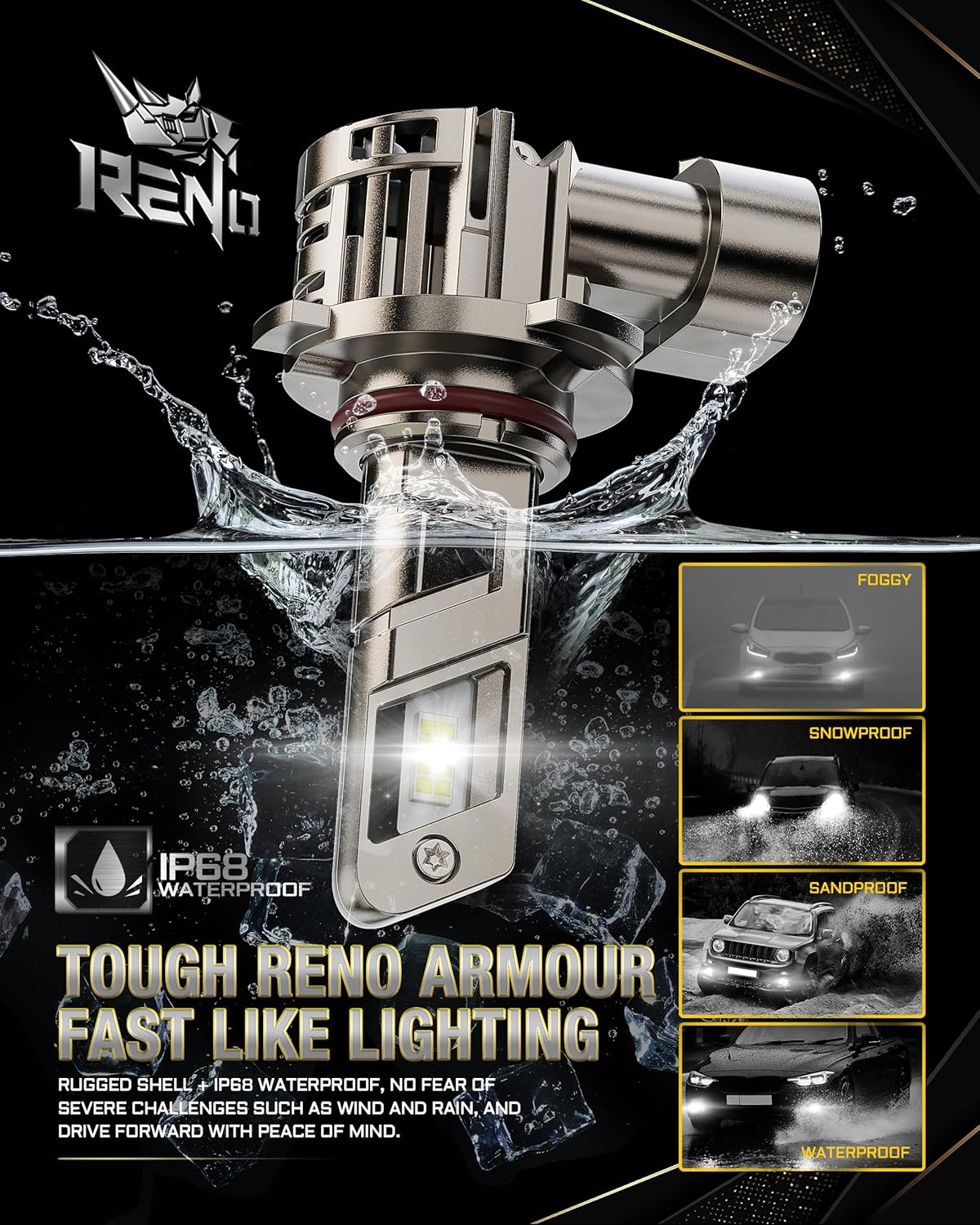 RENO 9005 9006 LED Headlight Bulbs Built-in Cooling Fan 6500K White 60000LM IP68 2 Pcs