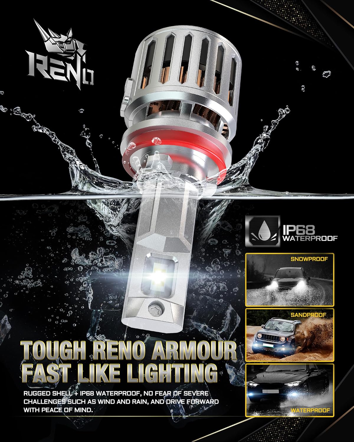 RENO H11/H9/H8 LED Bulb, 1200% Brighter, 6500K Cool White 52000LM, Mini Size 2 Pcs