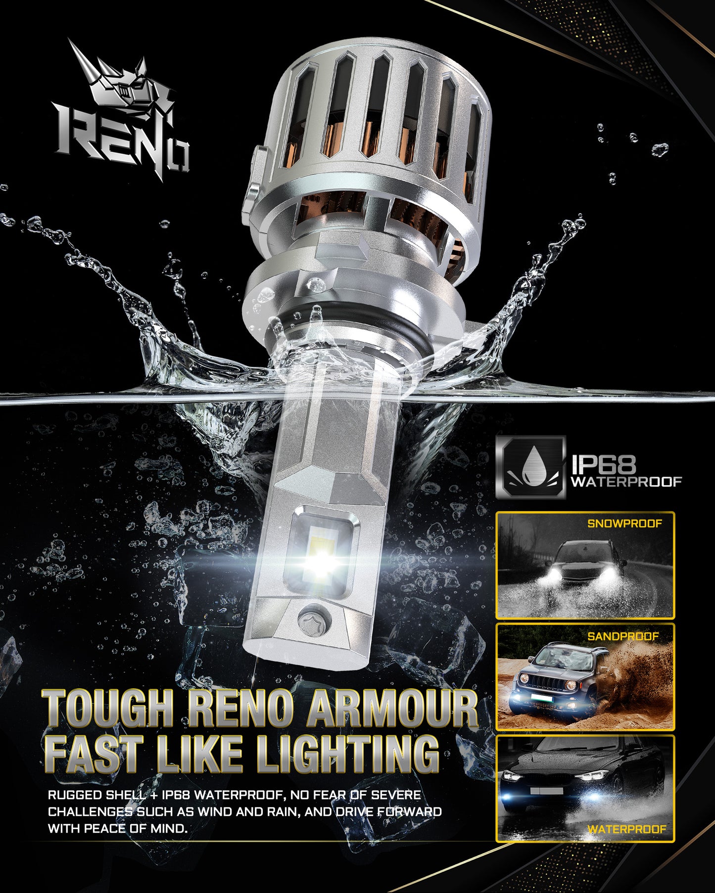 RENO 9006 HB4 LED Bulb, 1200% Brighter, 6500K Cool White 52000LM, Mini Size 2 Pcs
