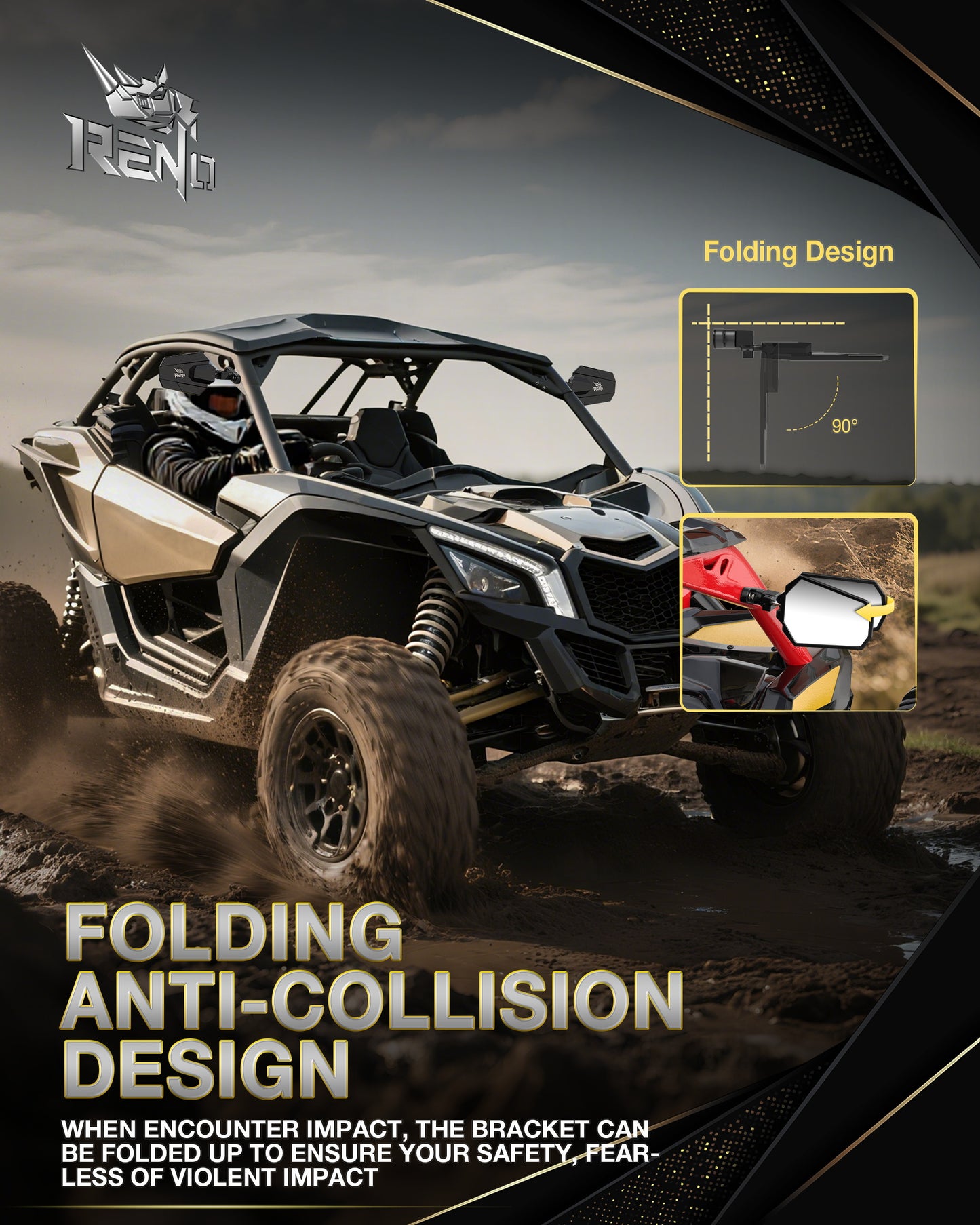 RENO UTV Side Mirrors, Compatible with 2017-2025 Maverick X3 Max Xds Xrs Xmr Xrc Turbo RR, OEM Replace #715002898 (Black, Pack of 2)