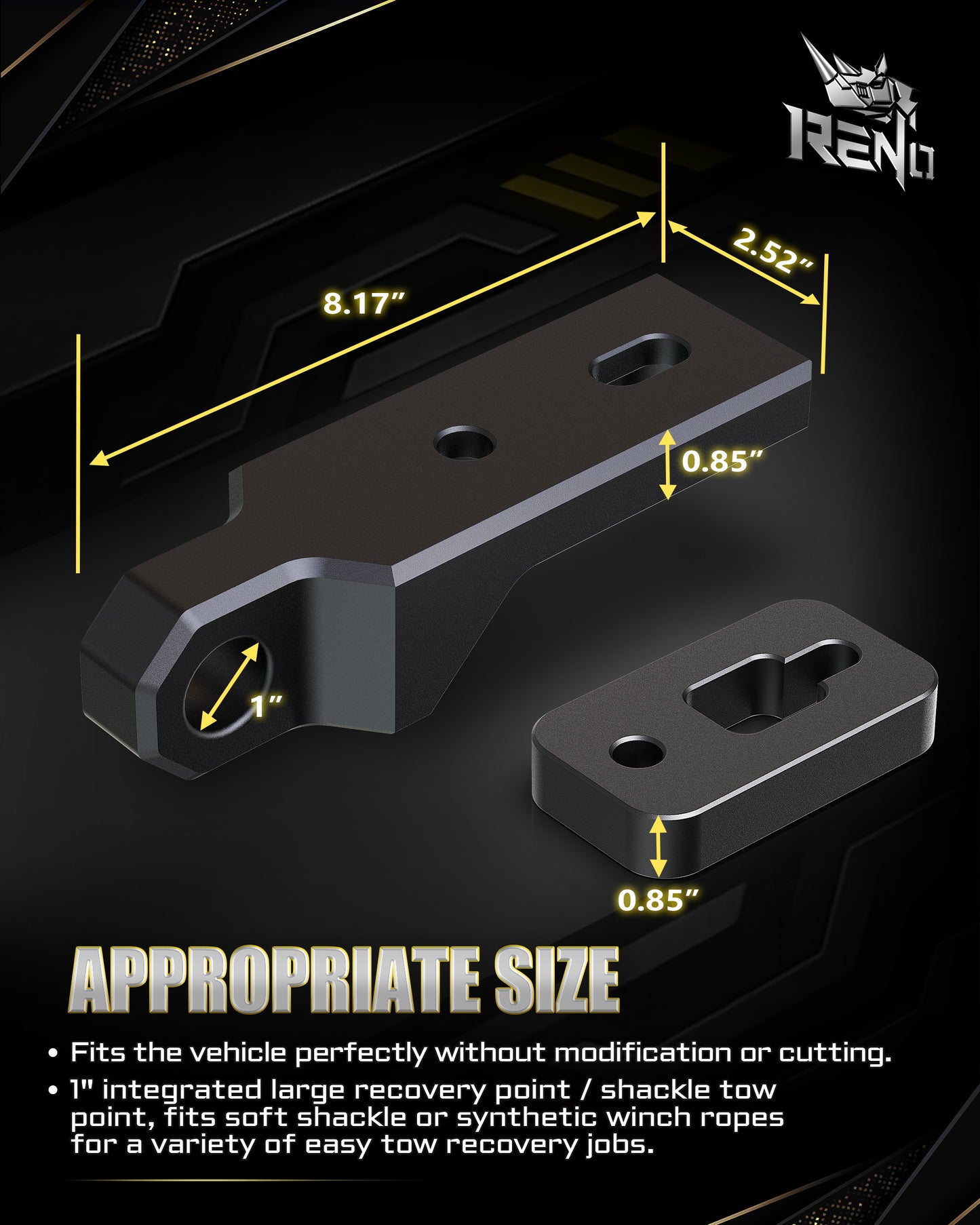 RENO Aluminum Rear Tow Hook, Bronco Tow Hooks with 3/4" D-Ring Shackle Compatible with 2021-2024 Bronco Truck Vehicle Towing Recovery, Replace OEM M-18954-BTHR (Black, 2Pcs)