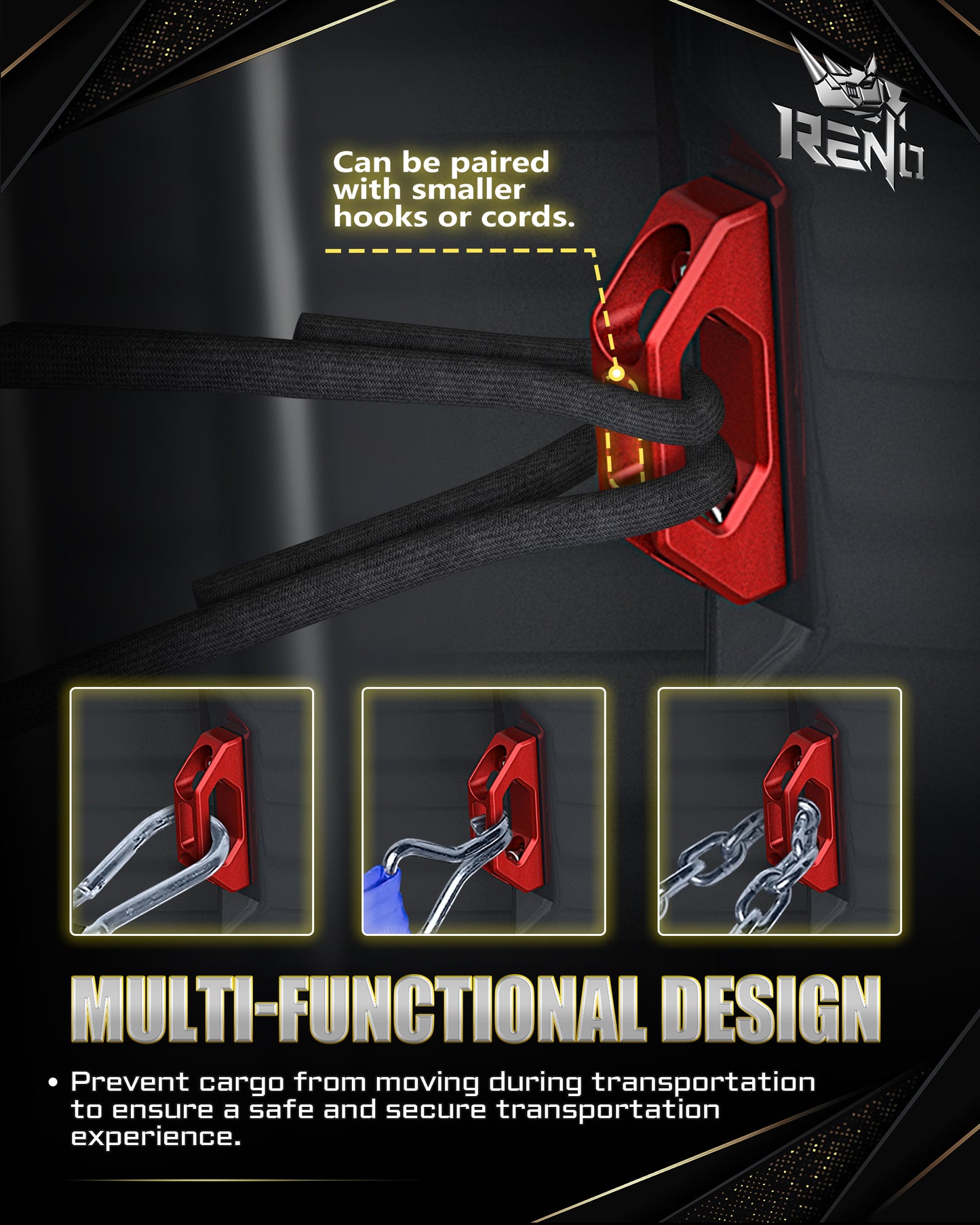 RENO Tie Down Hooks, Trailer Bed Tie Down Anchors Compatible with 2007-2025 Tundra / 2005-2026 Tacoma / 2023-2025 Sequoia, Replaces OEM 663120C010, 66312-0C010 (Aluminium, Black/Red/Silver, 2PCS)