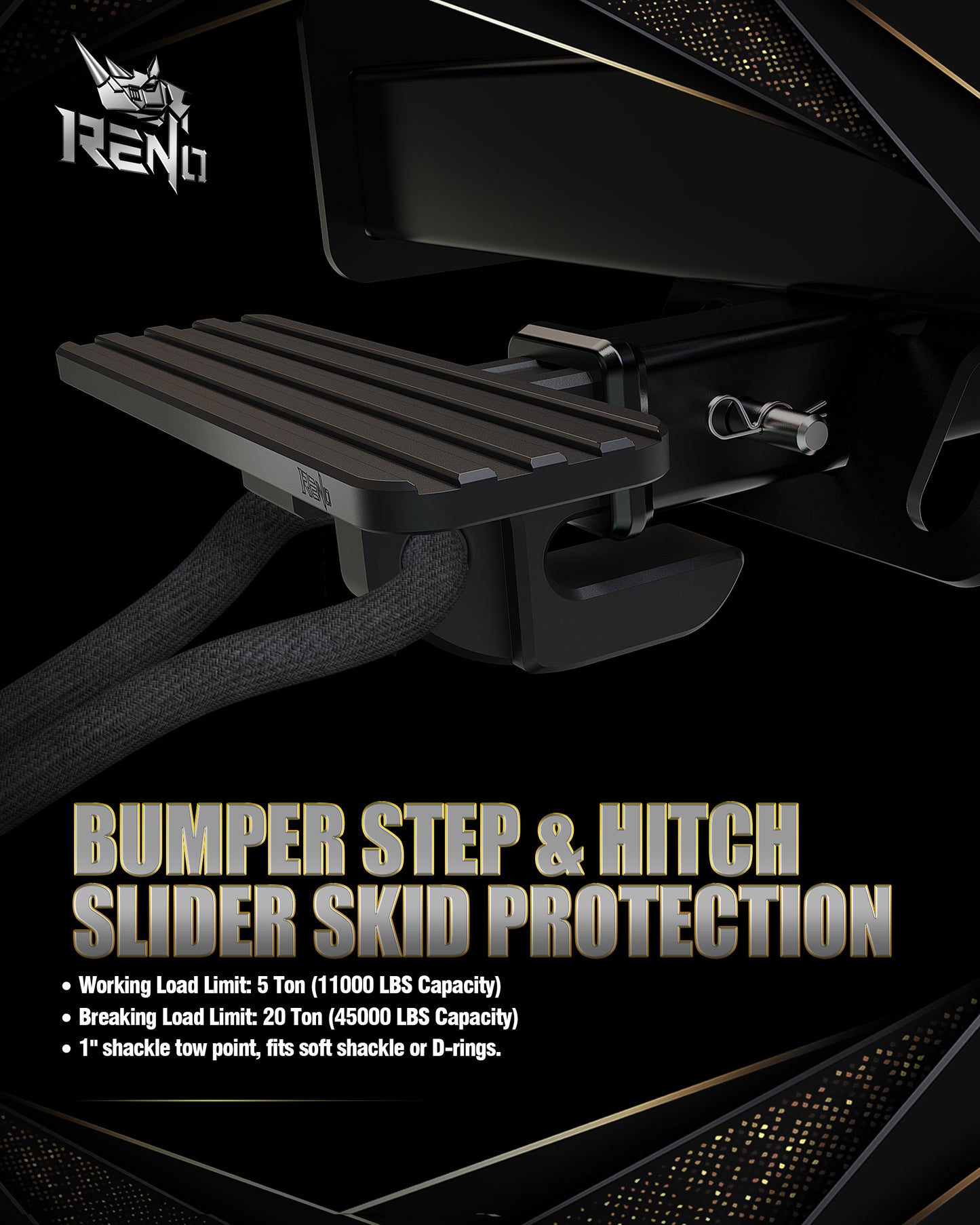 RENO Bumper Step with Hitch Slider, 2" Receiver Hitch Slider Skid Protection