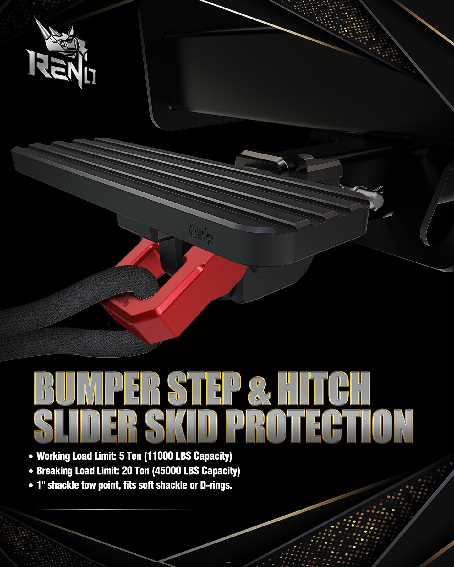 RENO Bumper Step with Hitch Slider, 2" Receiver Hitch Slider Skid Protection