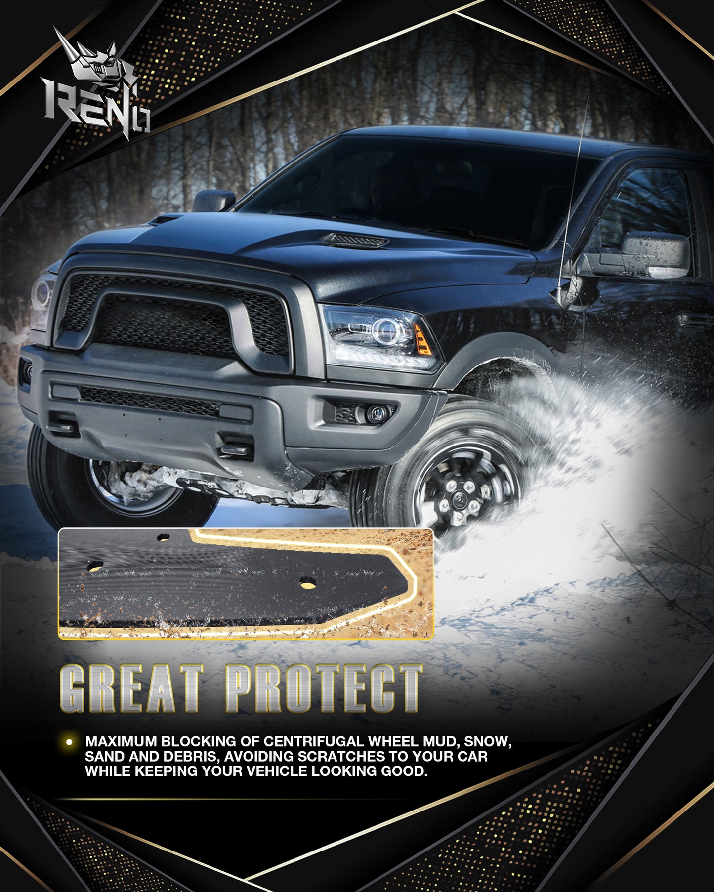 RENO RAM Truck Mud Flaps, Driver & Passenger Sides Splash Guards Sediment Protection