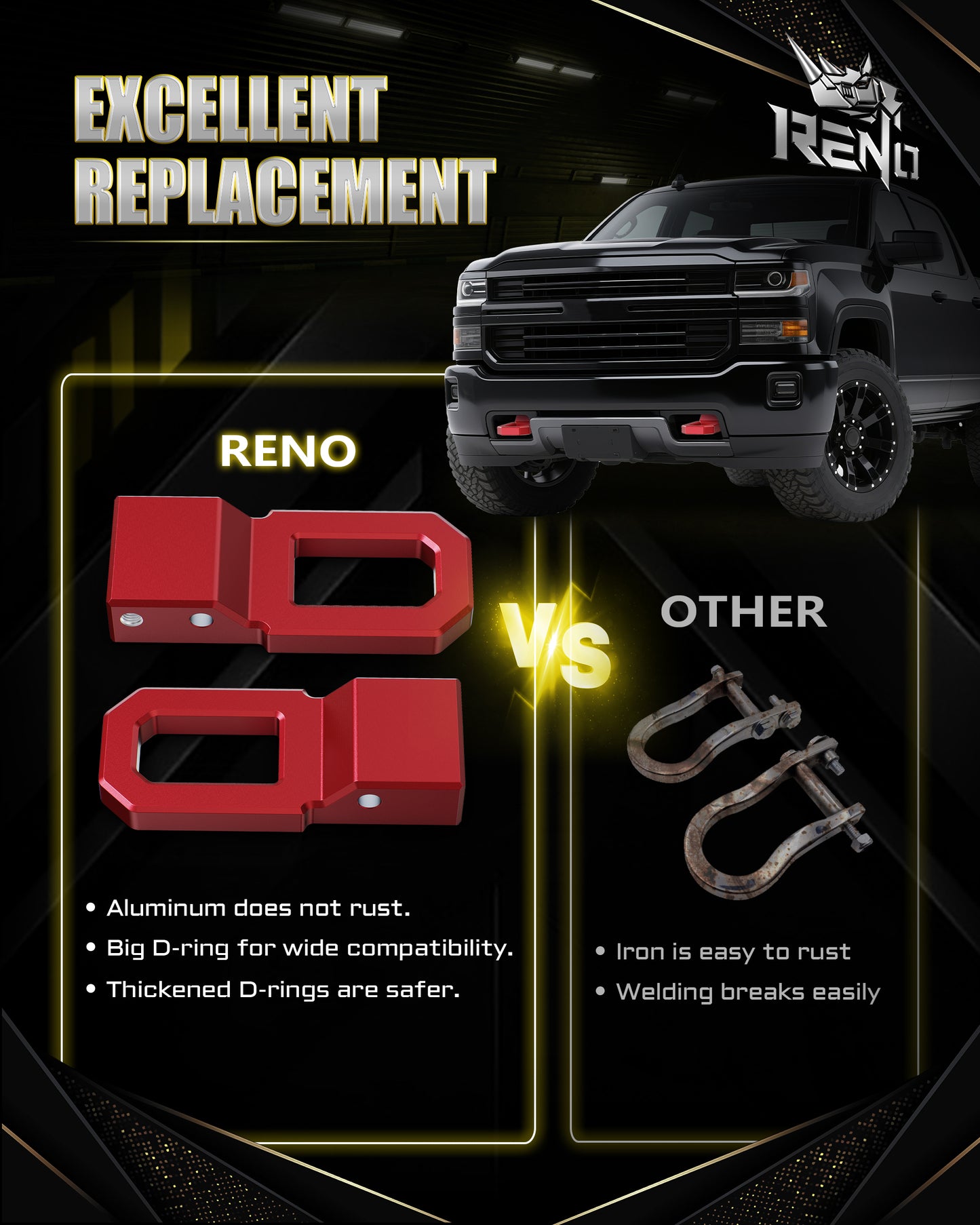RENO Front Tow Hooks, D-Ring Shackle Compatible with Silverado 1500 Suburban Tahoe Yukon Escalade (2pcs, Red)