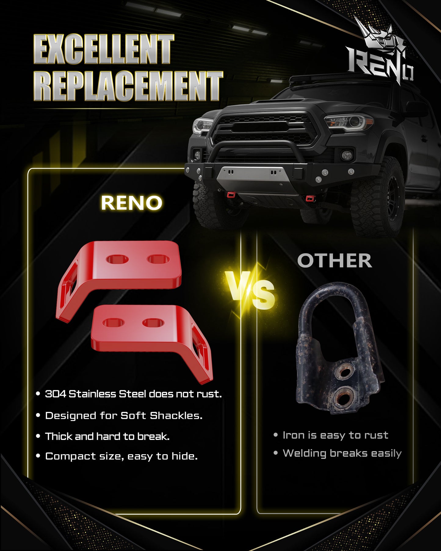 RENO Front Tow Hooks, Recovery Hook Compatible with 2024-2026 Tacoma/Land Cruiser / 4 Runner / GX550, Replace OEM 51960-A1010/PT974-35250 (304 Stainless Steel, Red, Pack of 2)