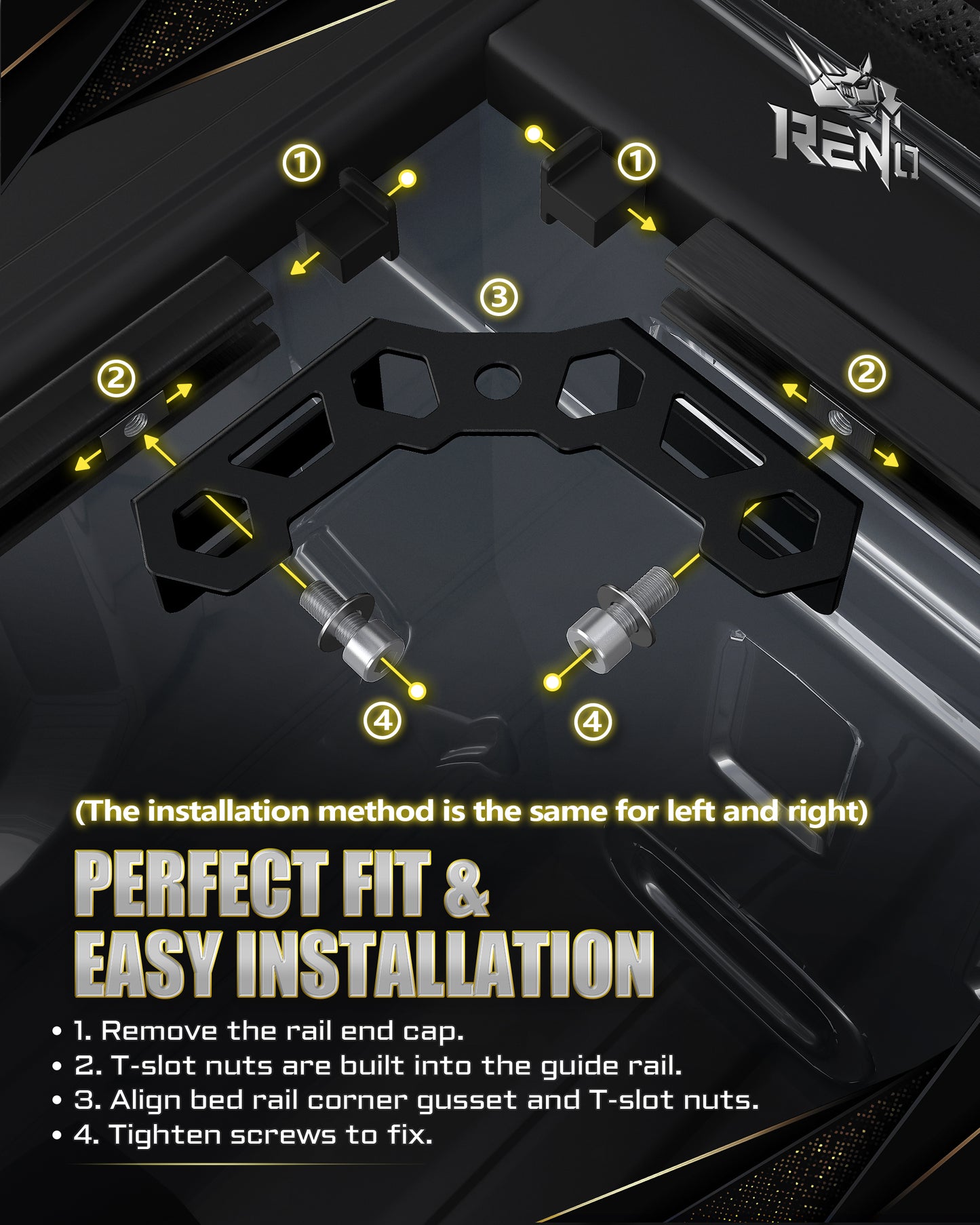RENO Bed Rail Corner Gusset, Compatible With 2005-2015 & 2024+ Tacoma (Not Fit 2016-2023) Cargo Trailer - 304 Stainless Steel, Black, Pack of 2