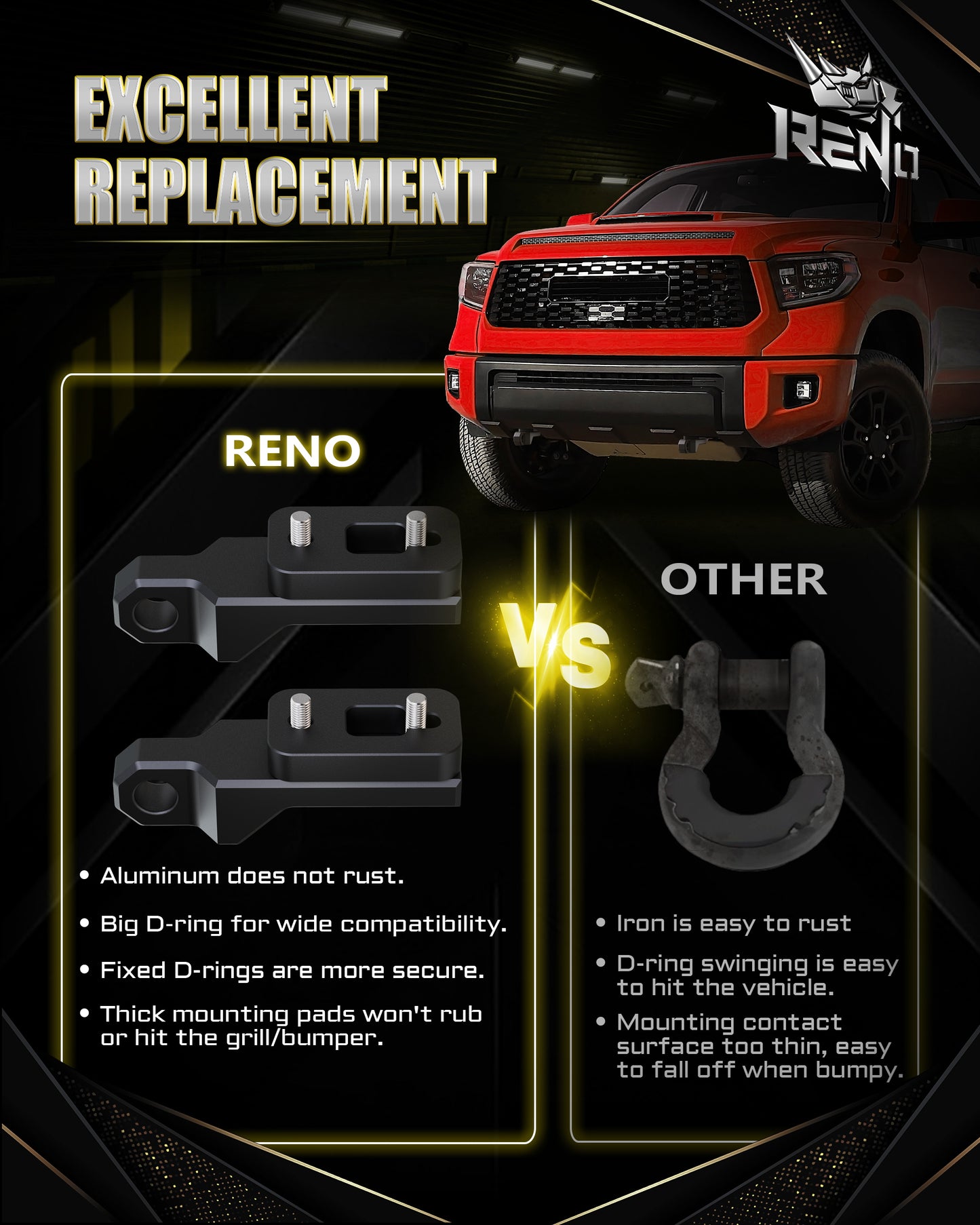 RENO Aluminum Front Tow Hook, Tundra Tow Hooks with 3/4" D-Ring Shackle Compatible with Tundra / RS145 / Sequoia / LX57/ Land Cruiser Truck Vehicle Towing Recovery (Black, 2Pcs)