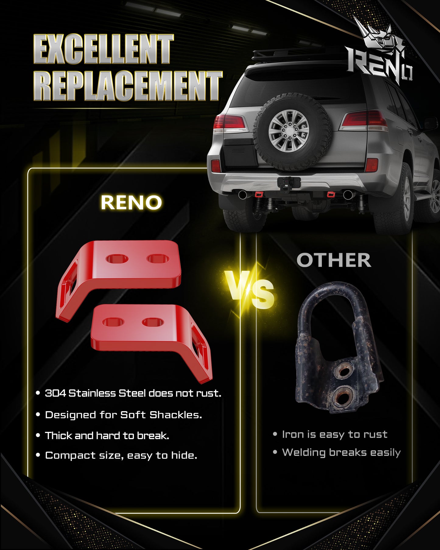 RENO Rear Tow Hooks, Recovery Hook Compatible with 4Runner / FJ Cruiser/Land Cruiser/Land Cruiser Prado / GX460 / GX470, Replace OEM 5196335110, 51095-60030 (304 Stainless Steel, Red, Pack of 2)