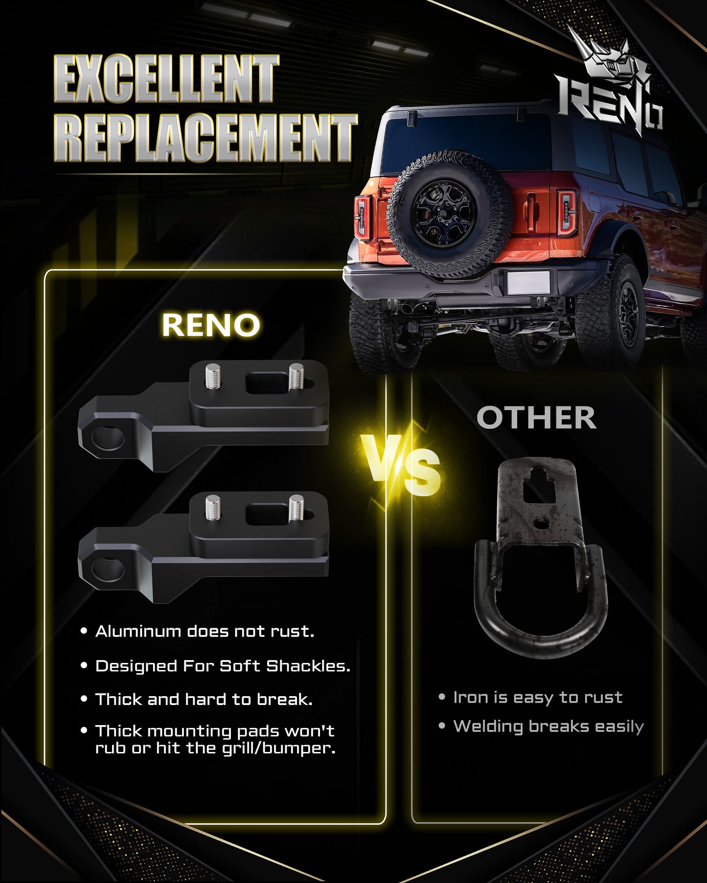 RENO Aluminum Rear Tow Hook, Bronco Tow Hooks with 3/4" D-Ring Shackle Compatible with 2021-2024 Bronco Truck Vehicle Towing Recovery, Replace OEM M-18954-BTHR (Black, 2Pcs)
