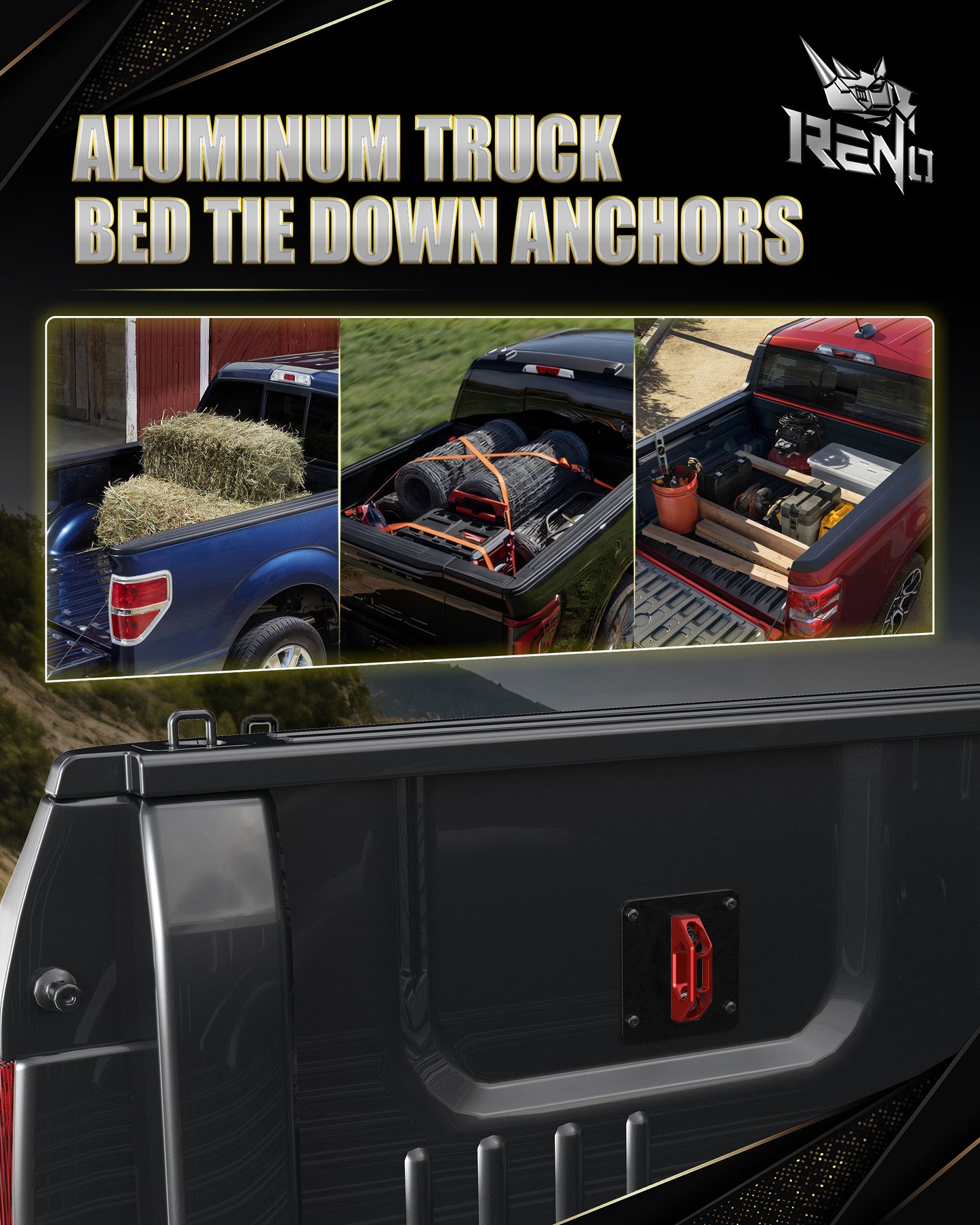 RENO Box Link Tie Down Anchors, Aluminum Cleats+304 Stainless Steel Plates Fits for 2015+ F150 F250 F350 Raptor / 2022+ F150 Lightning, Replace FL3Z-99000A64-B,FL3Z-9928408-AB (Black/Red/Silver, 4pcs)