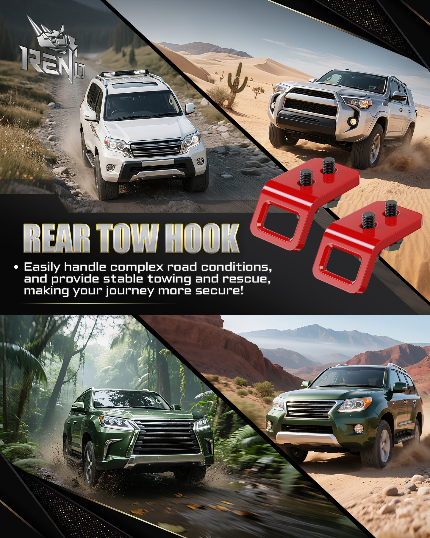 RENO Rear Tow Hooks, Recovery Hook Compatible with 4Runner / FJ Cruiser/Land Cruiser/Land Cruiser Prado / GX460 / GX470, Replace OEM 5196335110, 51095-60030 (304 Stainless Steel, Red, Pack of 2)