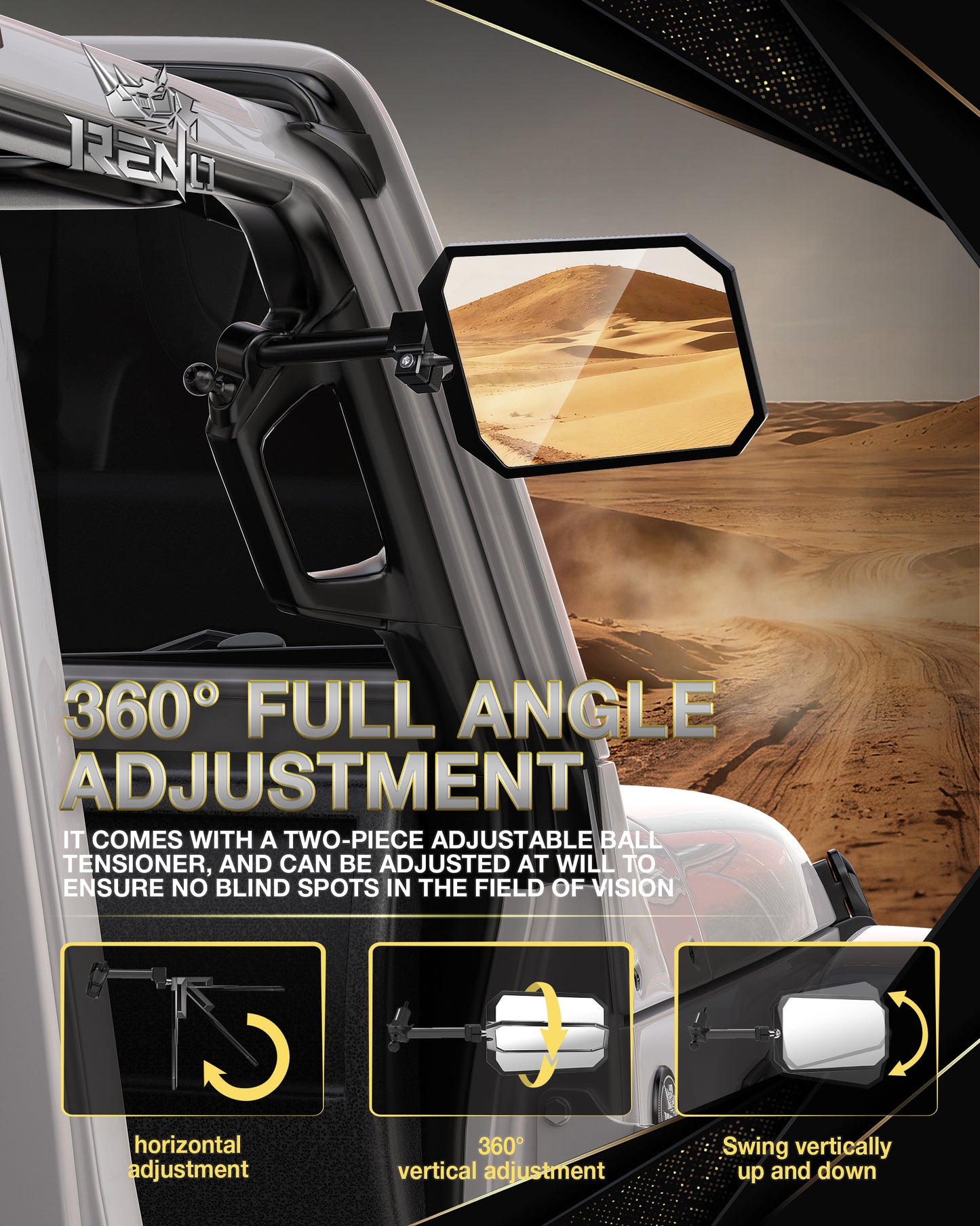 RENO Wrangler Mirrors Doors Off, CNC Aluminum Rear Heavy-Duty View Mirror with Ball Adapter Compatible with Wrangler JL/JLU & Gladiator JT (2 Pack/Set)