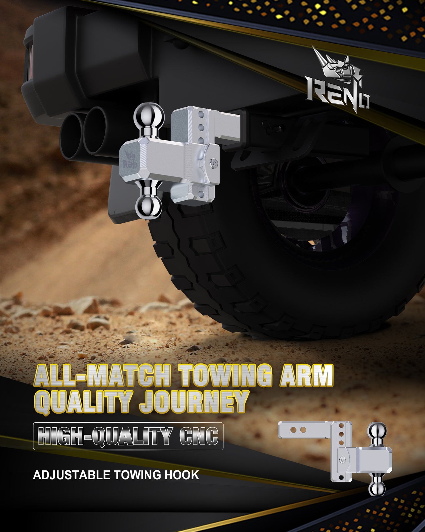 RENO Aluminum Adjustable Trailer Hitch, Fits 2.5" Receiver | Dual-Balls (2" & 2-5/16")